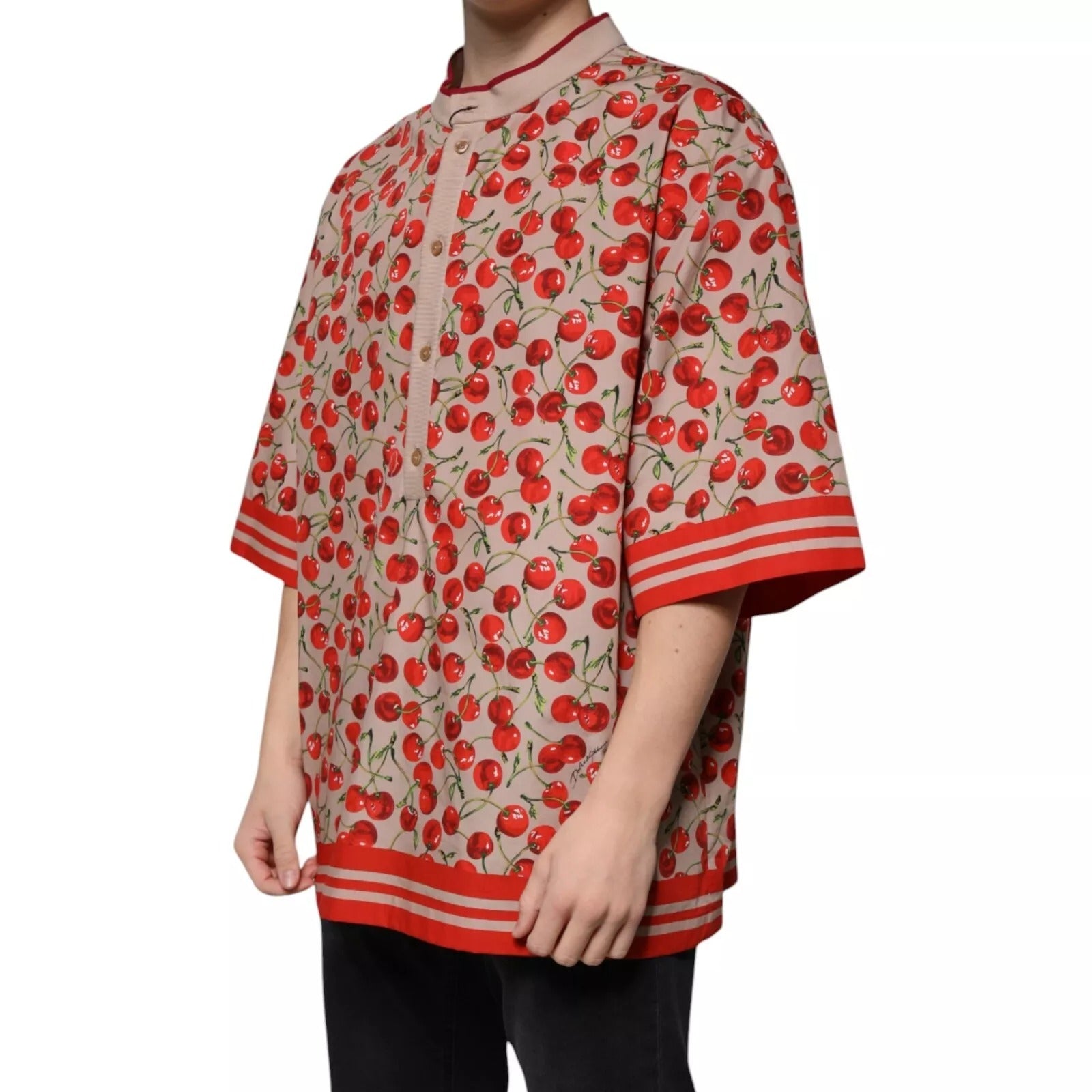 Dolce & Gabbana Beige Cherry Nylon Buttoned Casual Men's Shirt