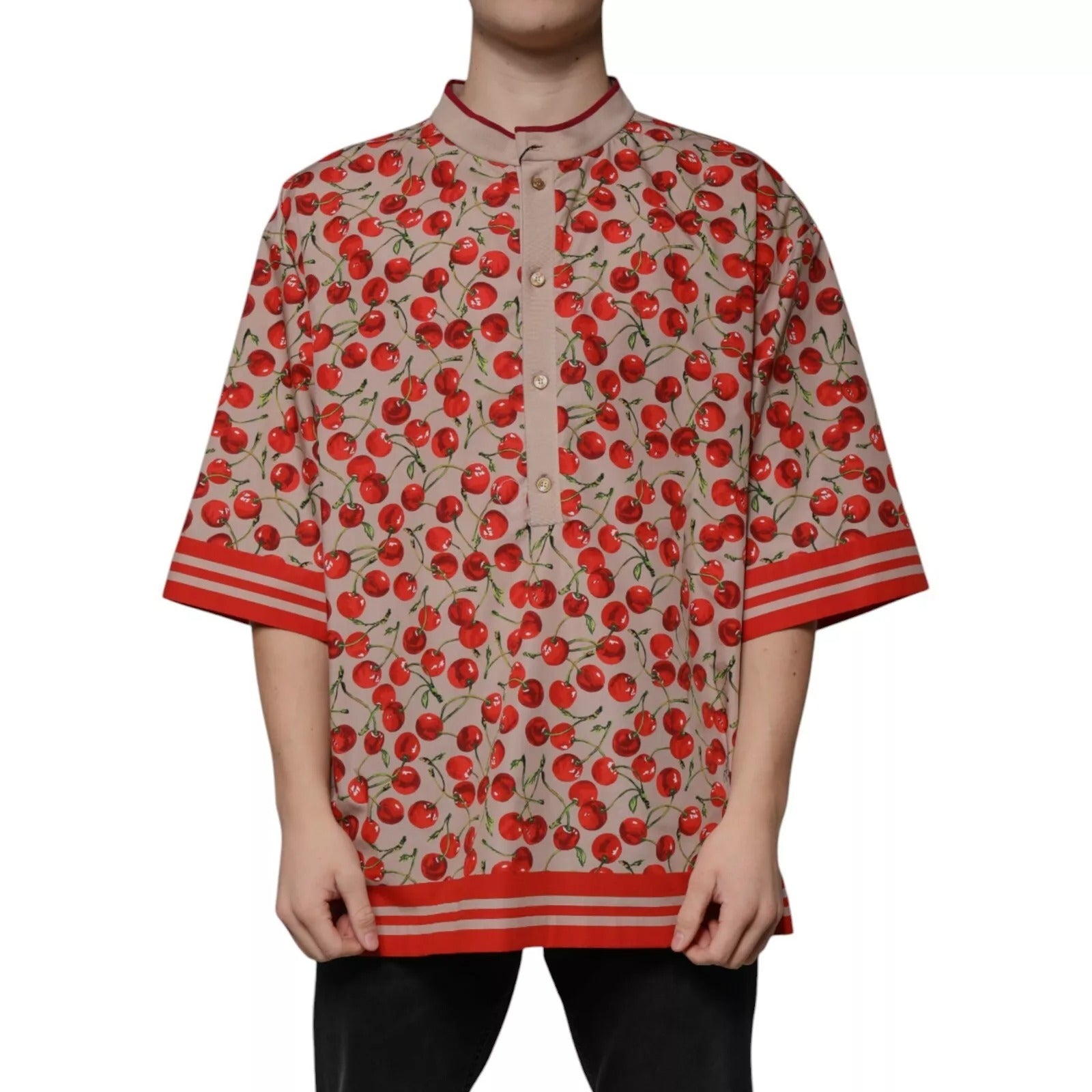 Dolce & Gabbana Beige Cherry Nylon Buttoned Casual Men's Shirt