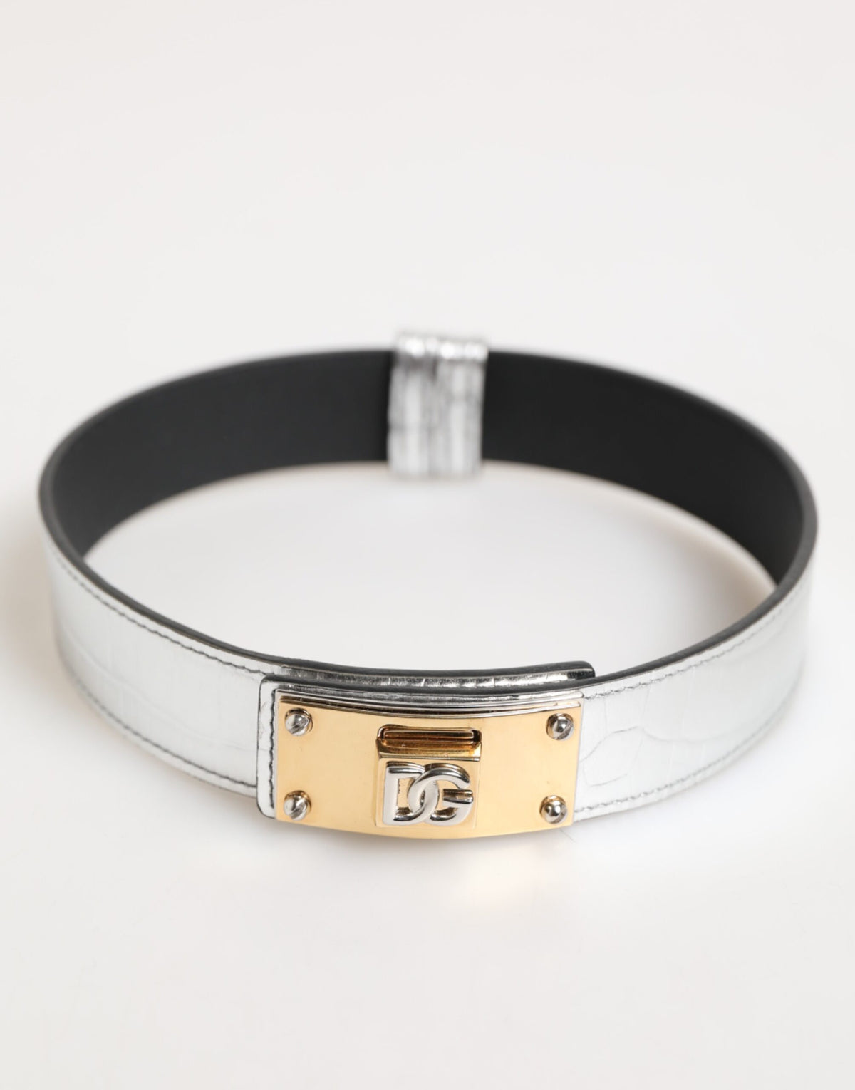Dolce & Gabbana Silver Textured Leather Gold Tone Metal Men's Neckband