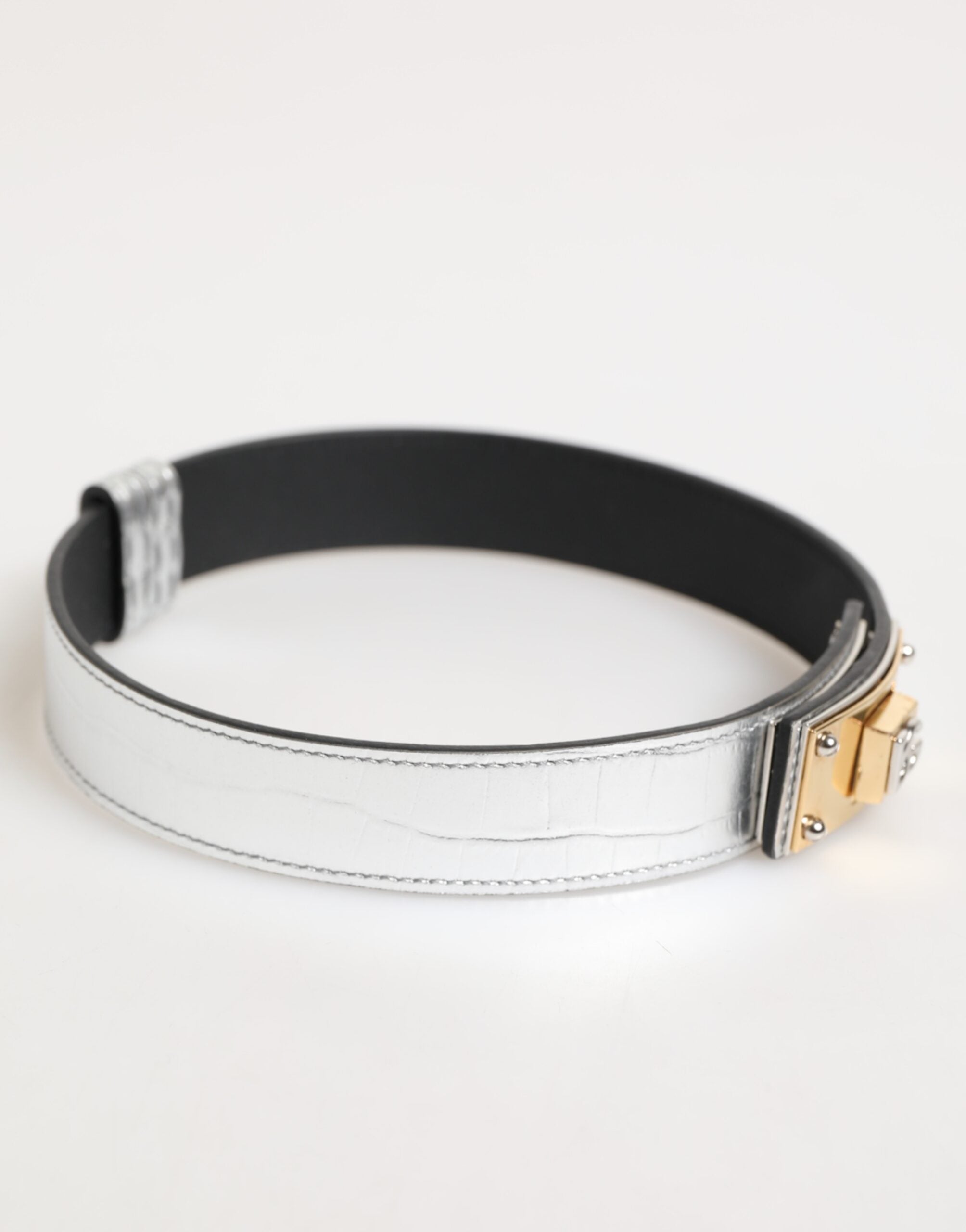Dolce & Gabbana Silver Textured Leather Gold Tone Metal Men's Neckband
