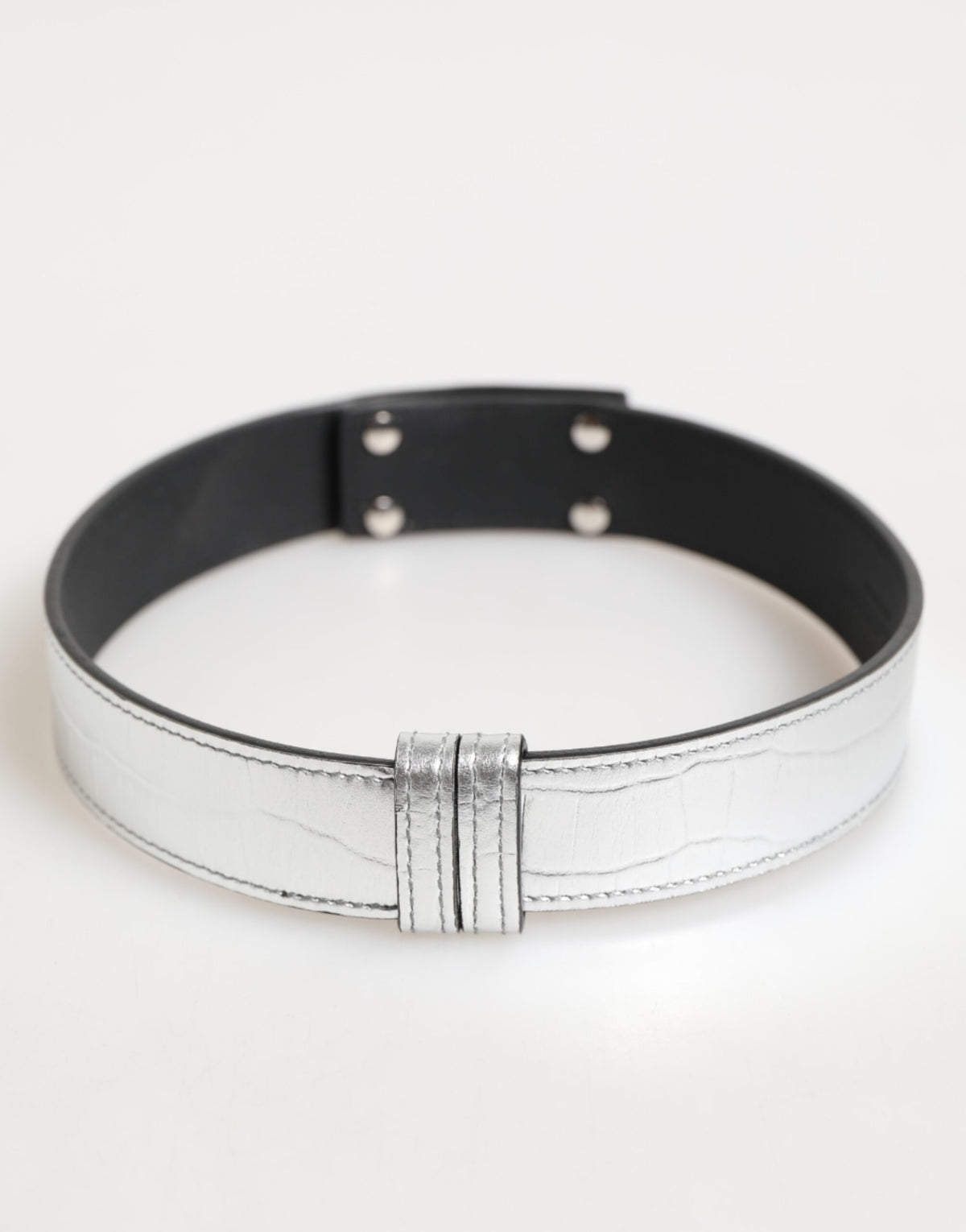 Dolce & Gabbana Silver Textured Leather Gold Tone Metal Men's Neckband