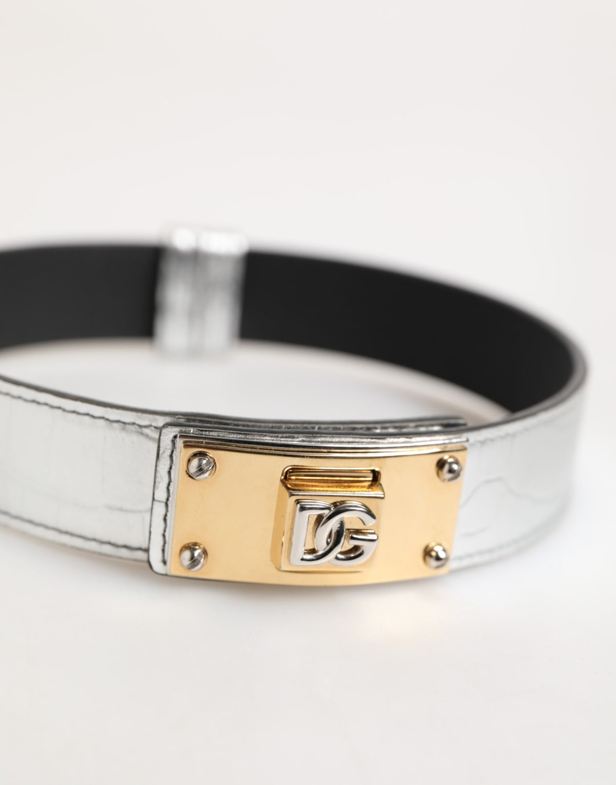 Dolce & Gabbana Silver Textured Leather Gold Tone Metal Men's Neckband