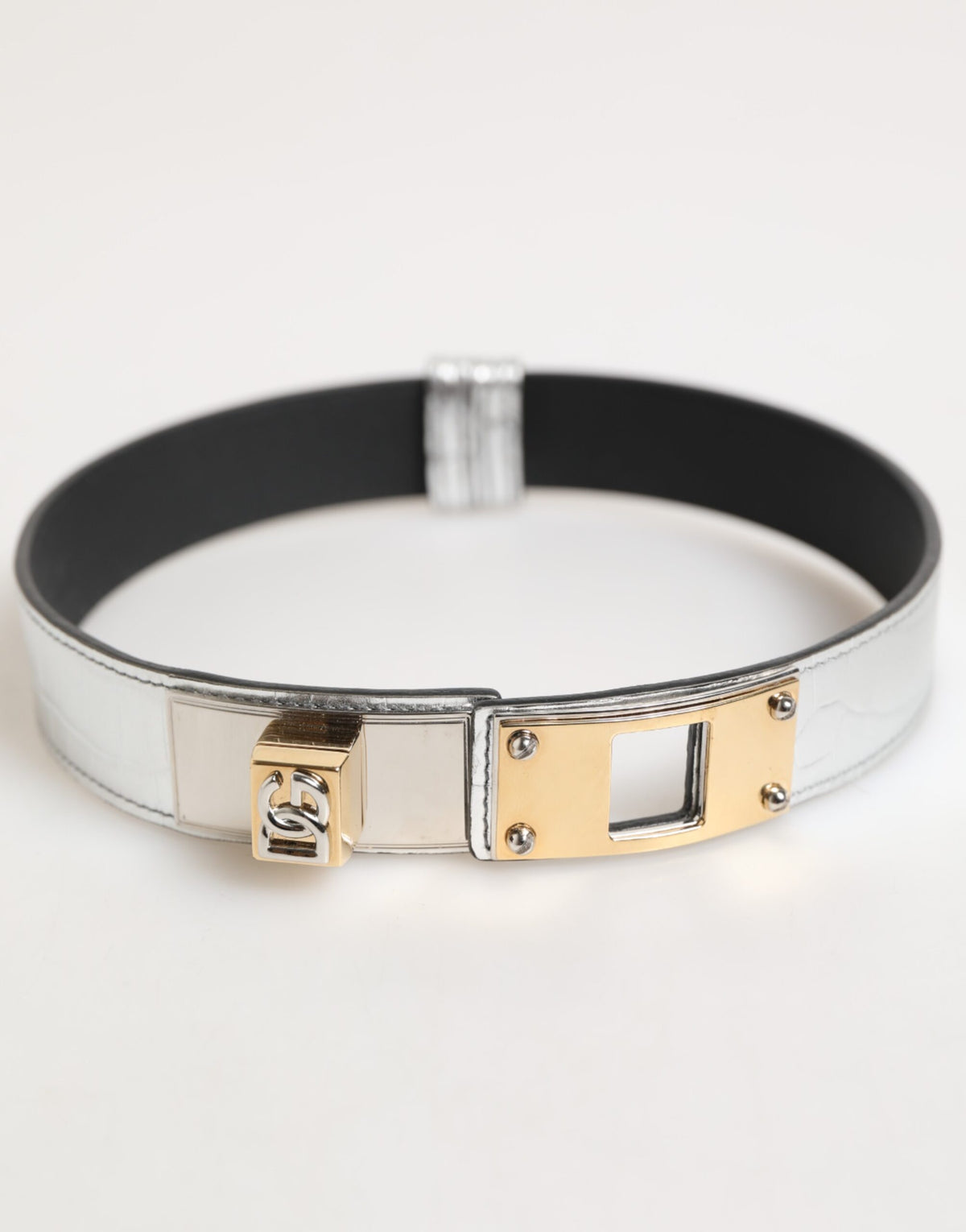 Dolce & Gabbana Silver Textured Leather Gold Tone Metal Men's Neckband
