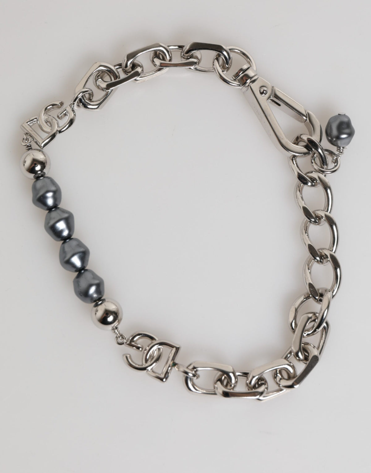 Dolce & Gabbana Silver Tone Chain Lobster Clasp Logo Gray Pearls Men's Bracelet (Pre-Owned)
