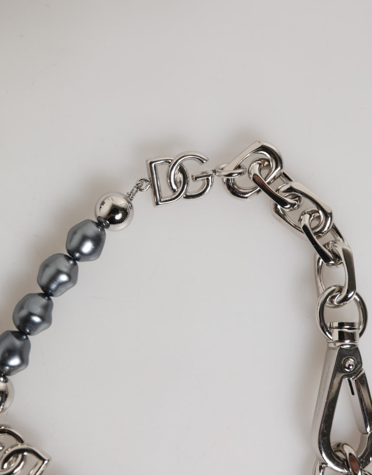 Dolce & Gabbana Silver Tone Chain Lobster Clasp Logo Gray Pearls Men's Bracelet (Pre-Owned)