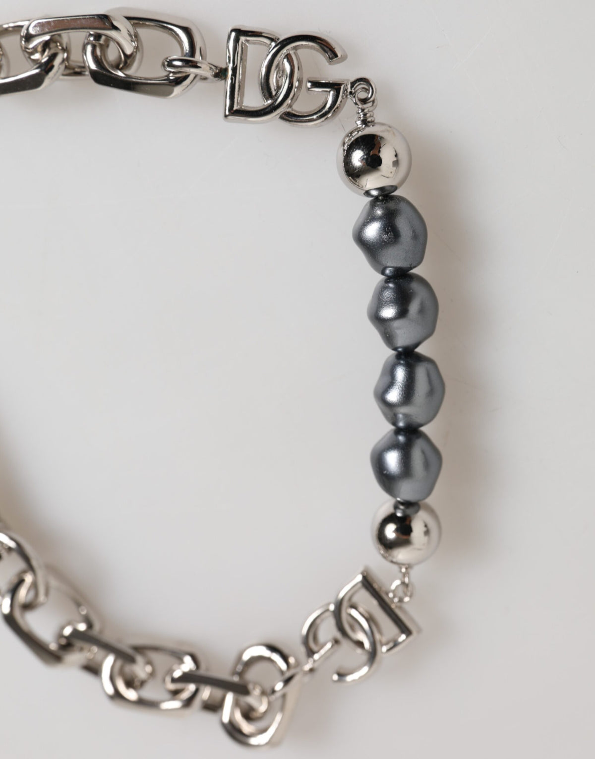 Dolce & Gabbana Silver Tone Chain Lobster Clasp Logo Gray Pearls Men's Bracelet (Pre-Owned)