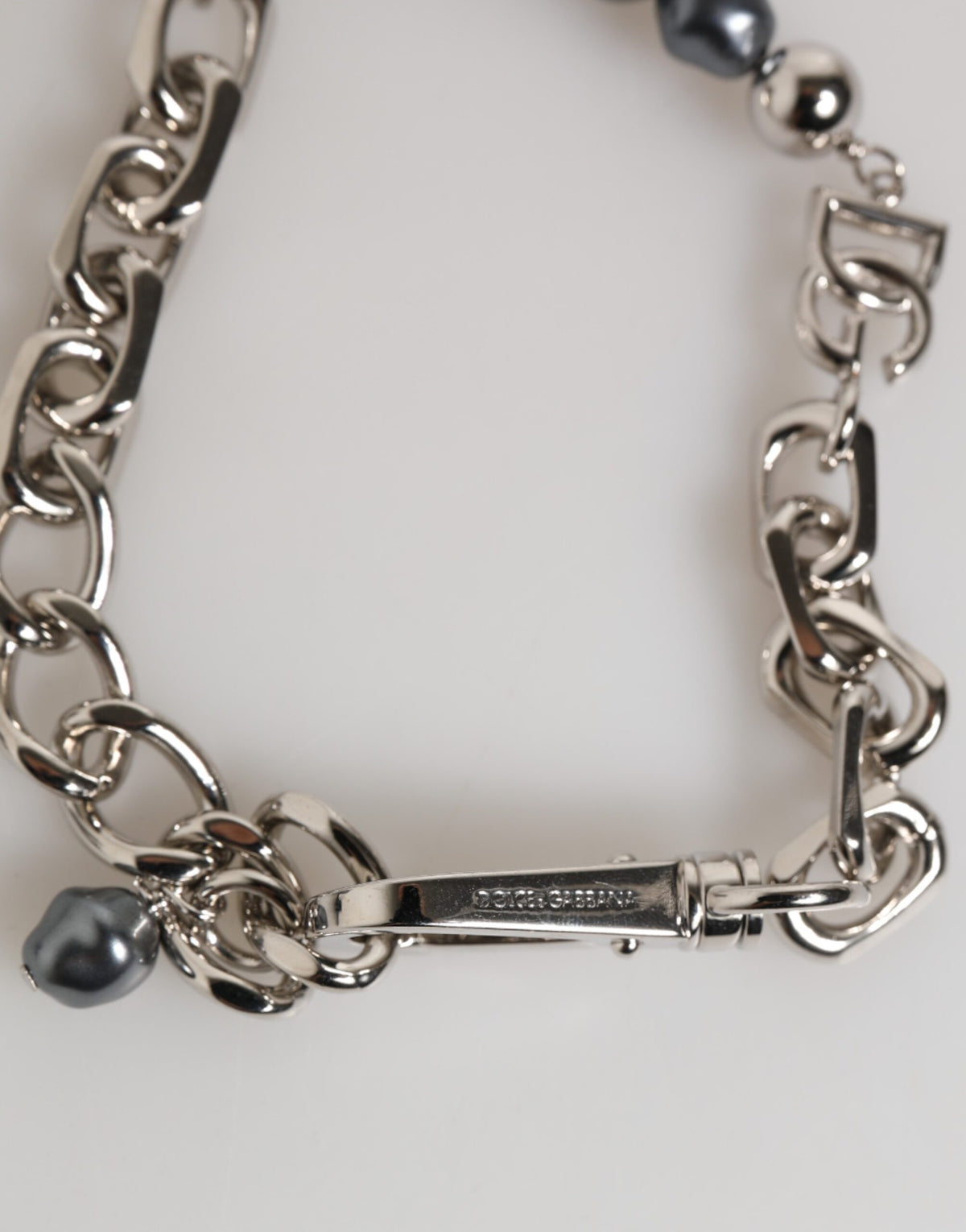 Dolce & Gabbana Silver Tone Chain Lobster Clasp Logo Gray Pearls Men's Bracelet (Pre-Owned)