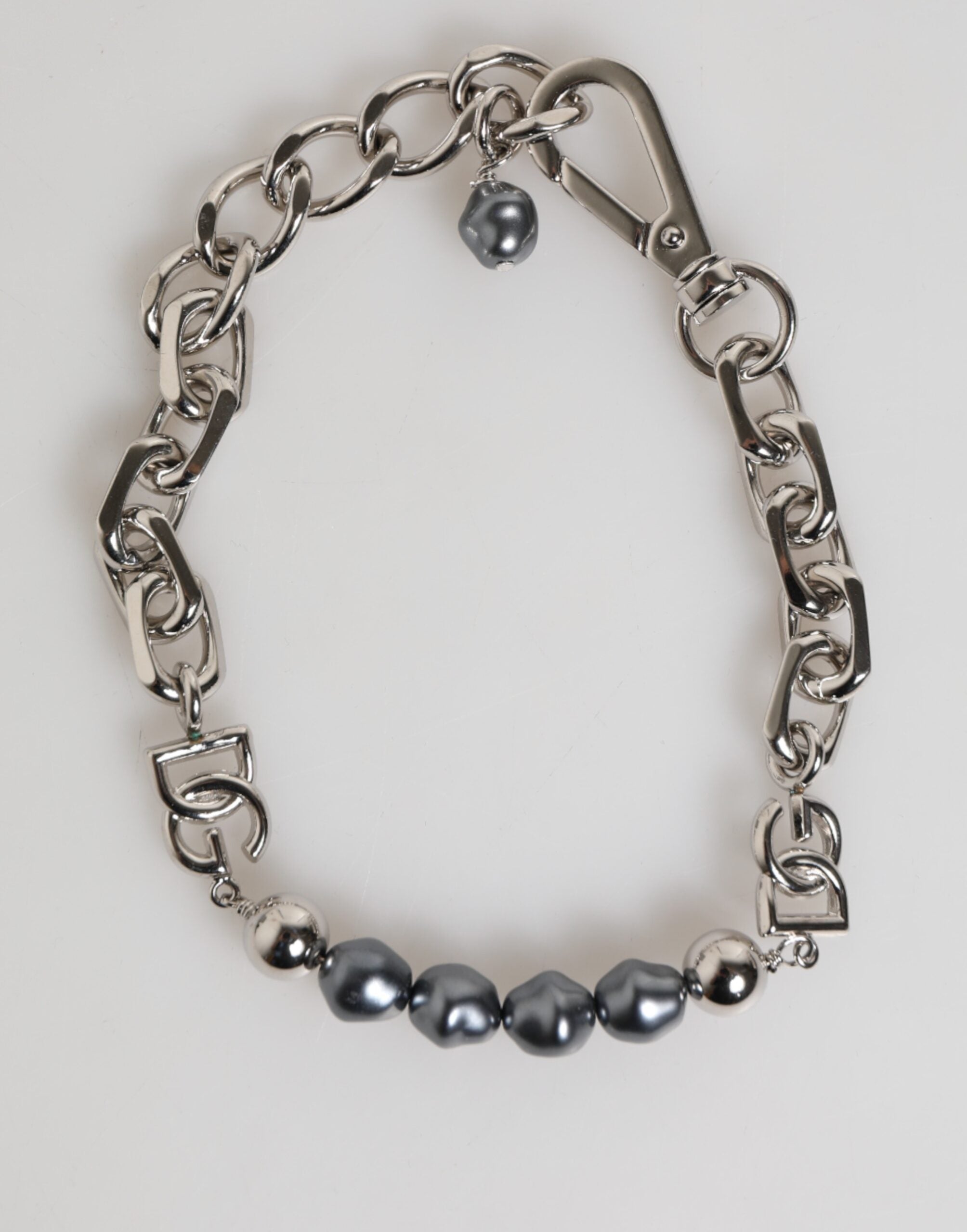 Dolce & Gabbana Silver Tone Chain Lobster Clasp Logo Gray Pearls Men's Bracelet (Pre-Owned)