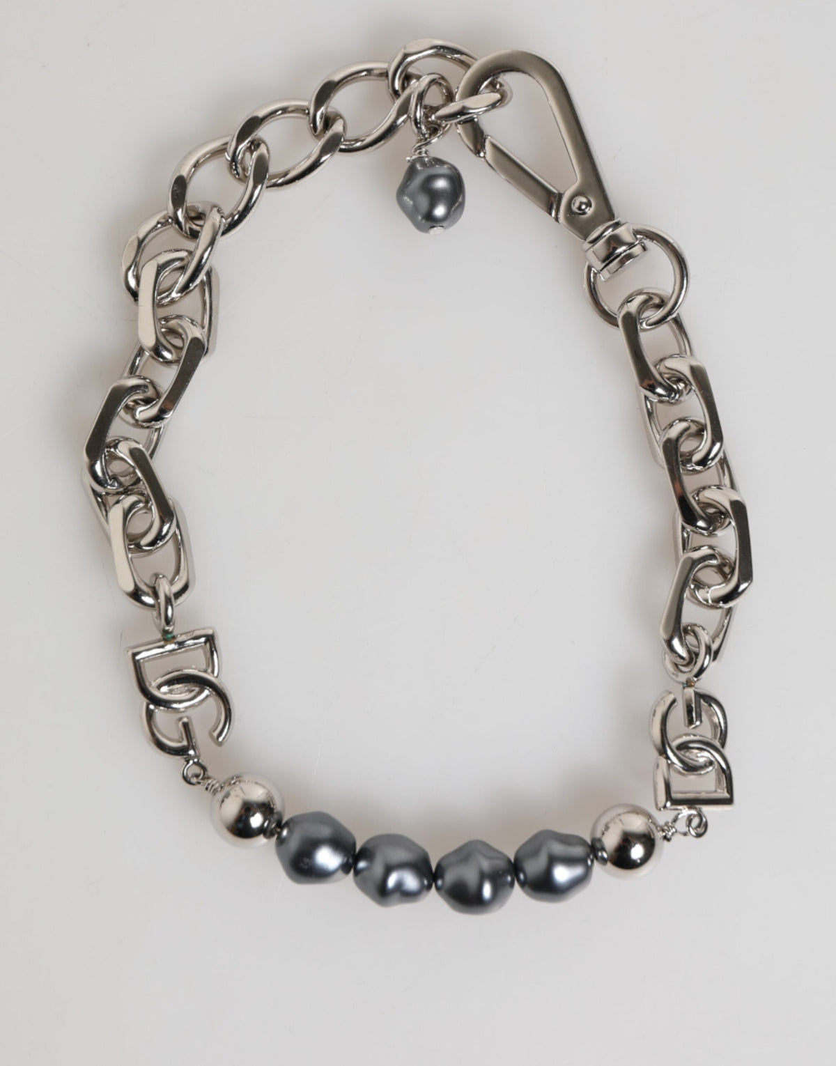 Dolce & Gabbana Silver Tone Chain Lobster Clasp Logo Gray Pearls Men's Bracelet (Pre-Owned)