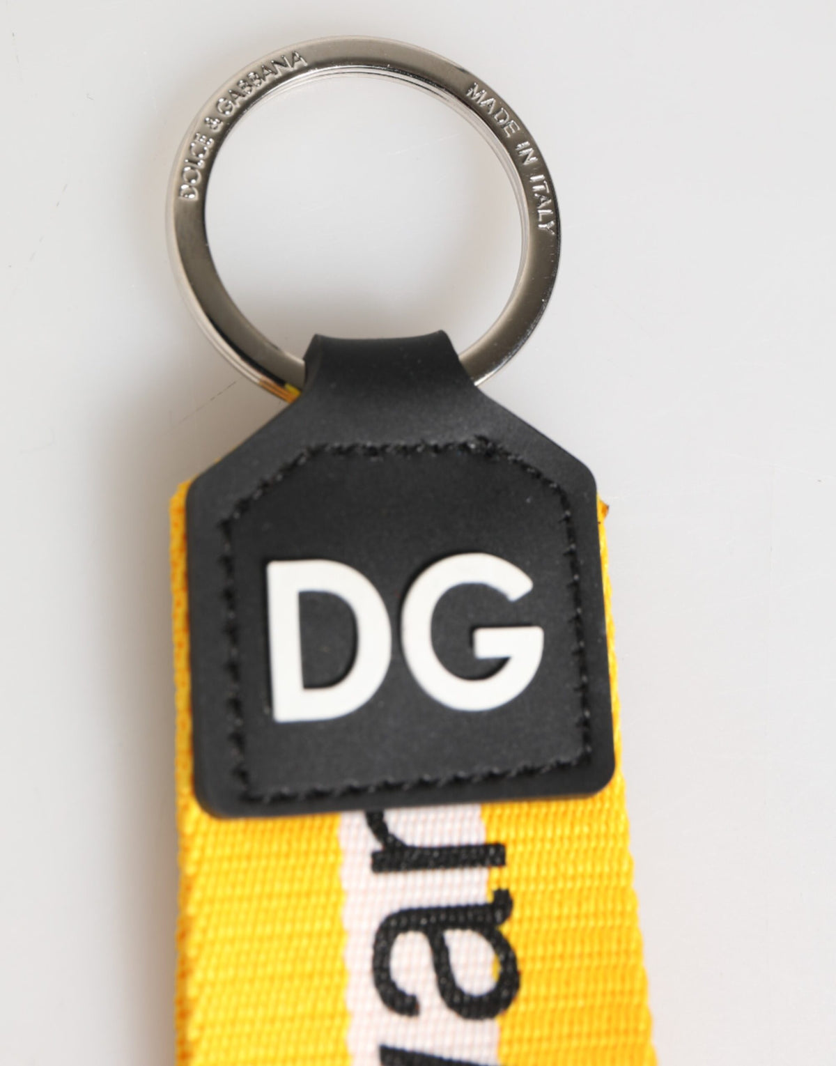 Dolce & Gabbana Yellow Logo Polyester Silver Brass Holder Keychain Men's Keyring