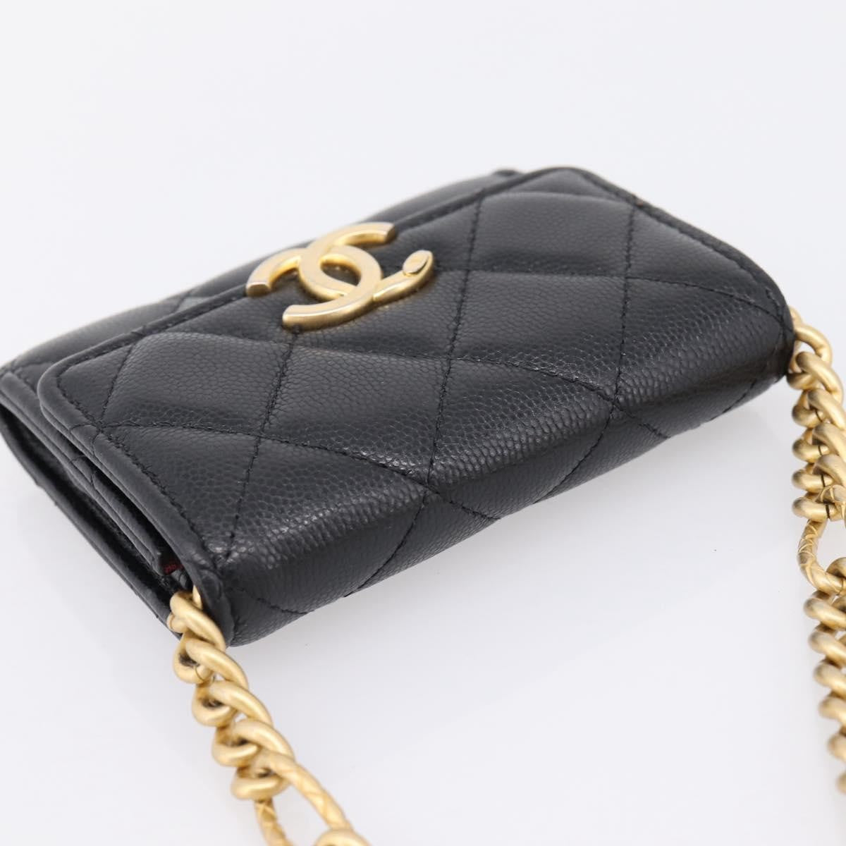 Chanel Plate Logo Cc Flap Card Holder On Chain Quilted Caviar Black Leather Clutche & Pouche Bag (Pre-Owned)