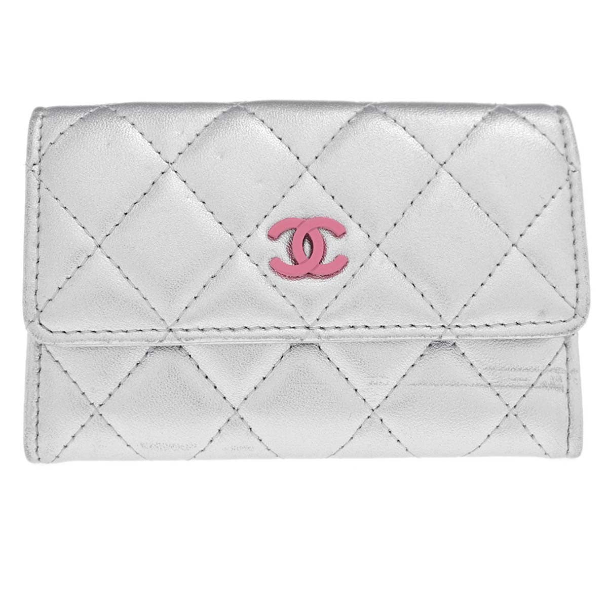 Chanel Cc Flap Card Case Quilted Lambskin Silver Leather Card Holders Accessory (Pre-Owned)