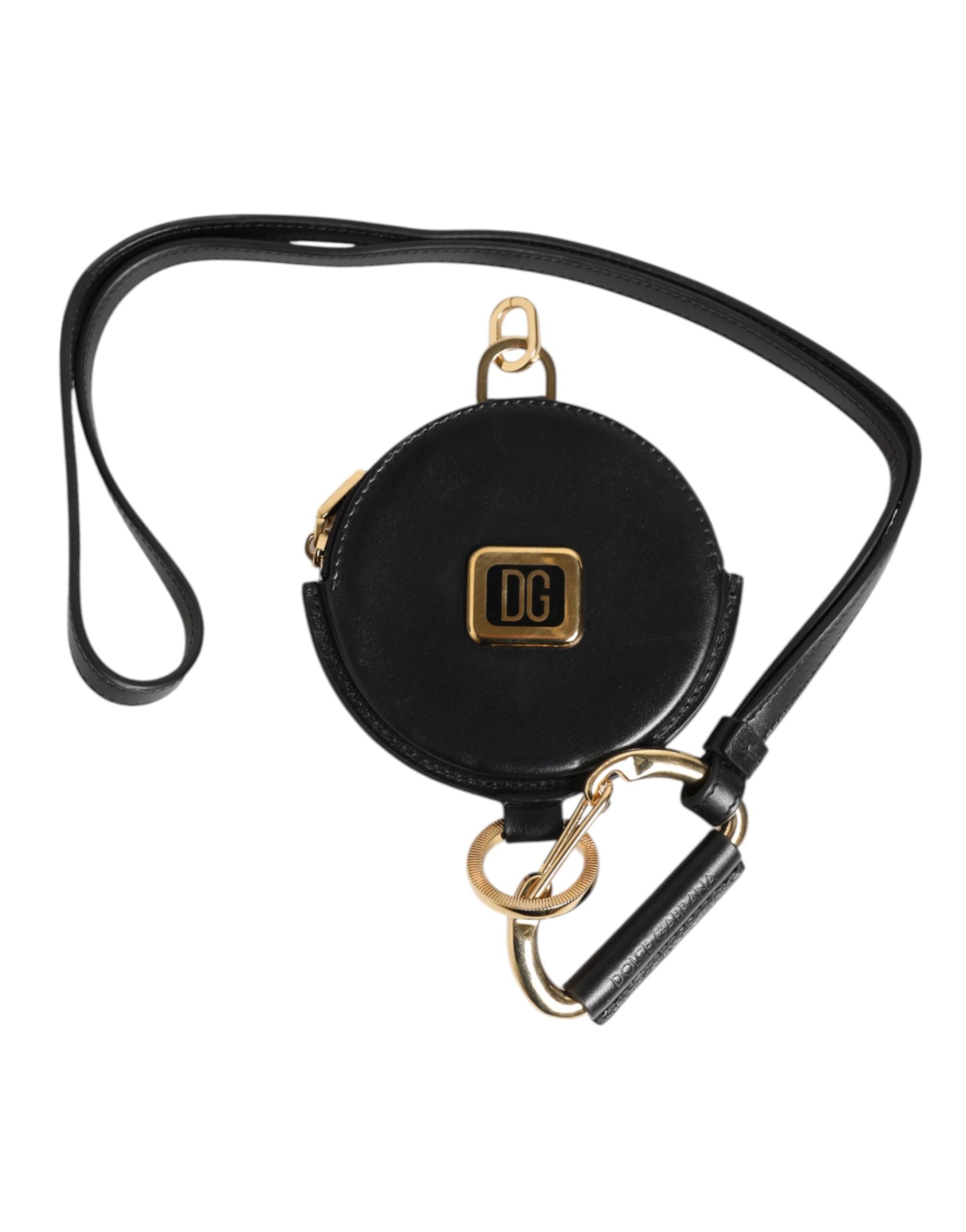 Dolce & Gabbana Black Round Leather DG Logo Coin Purse Lanyard Men's Wallet