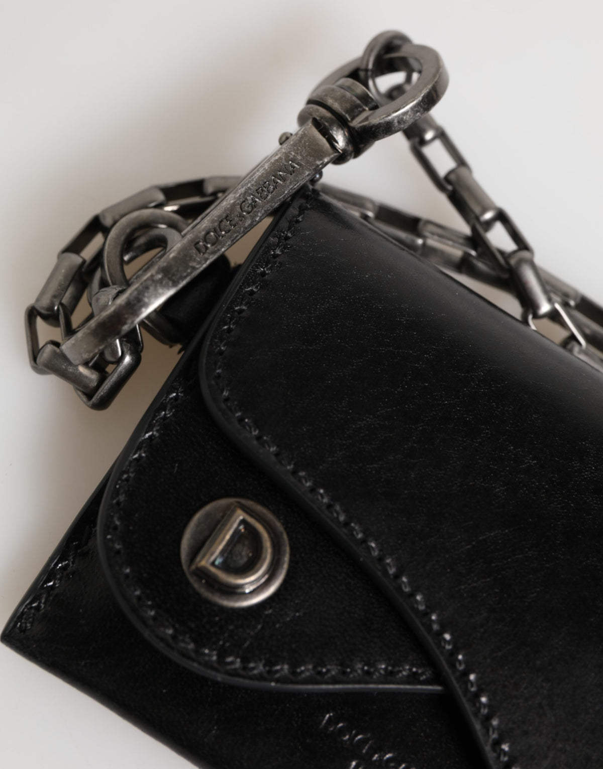 Dolce & Gabbana Black Cavallo Leather Wallet Chain Snap Bifold Card Men's Holder