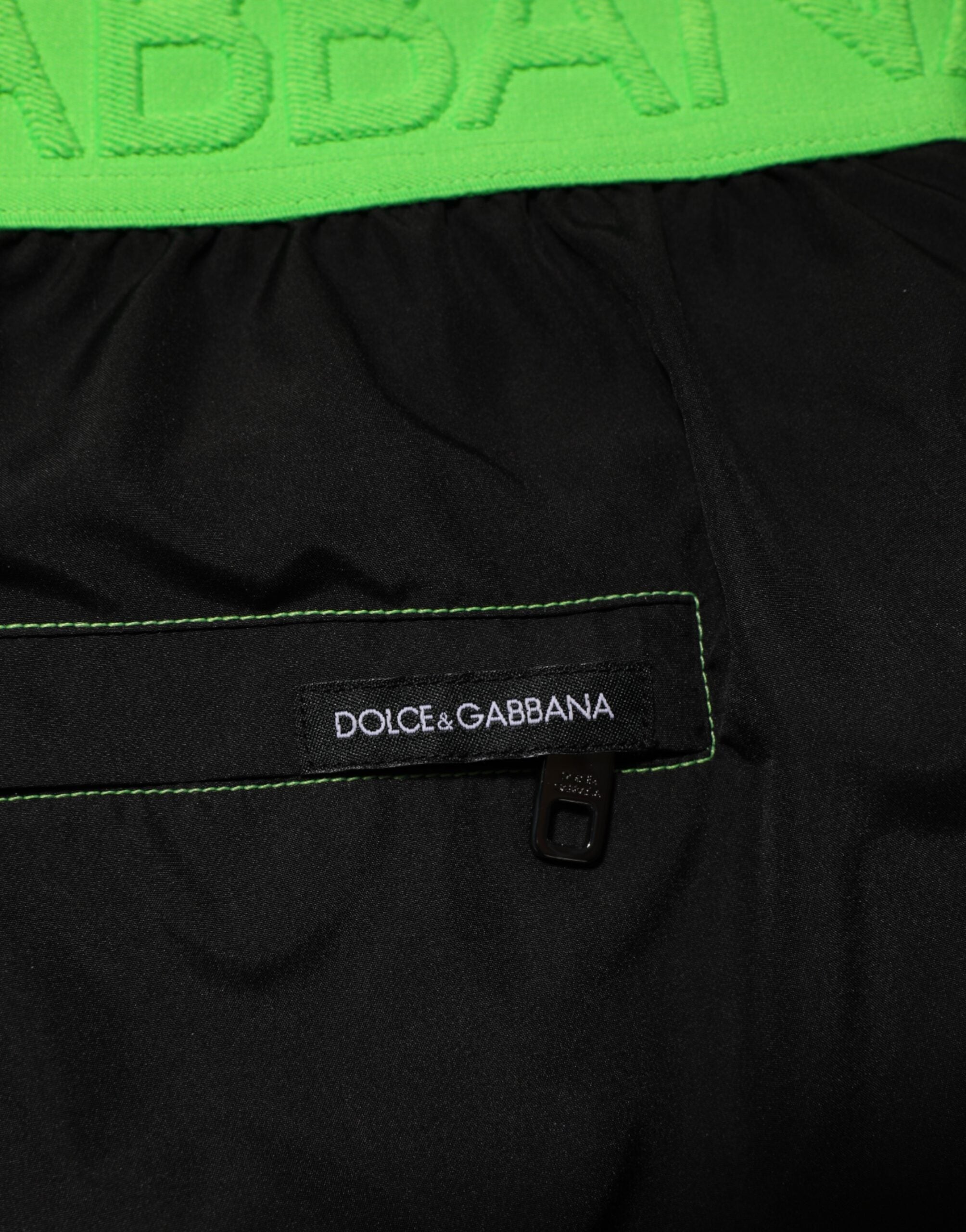 Dolce & Gabbana Black Green Logo Waistband Beachwear Short Men's Swimwear