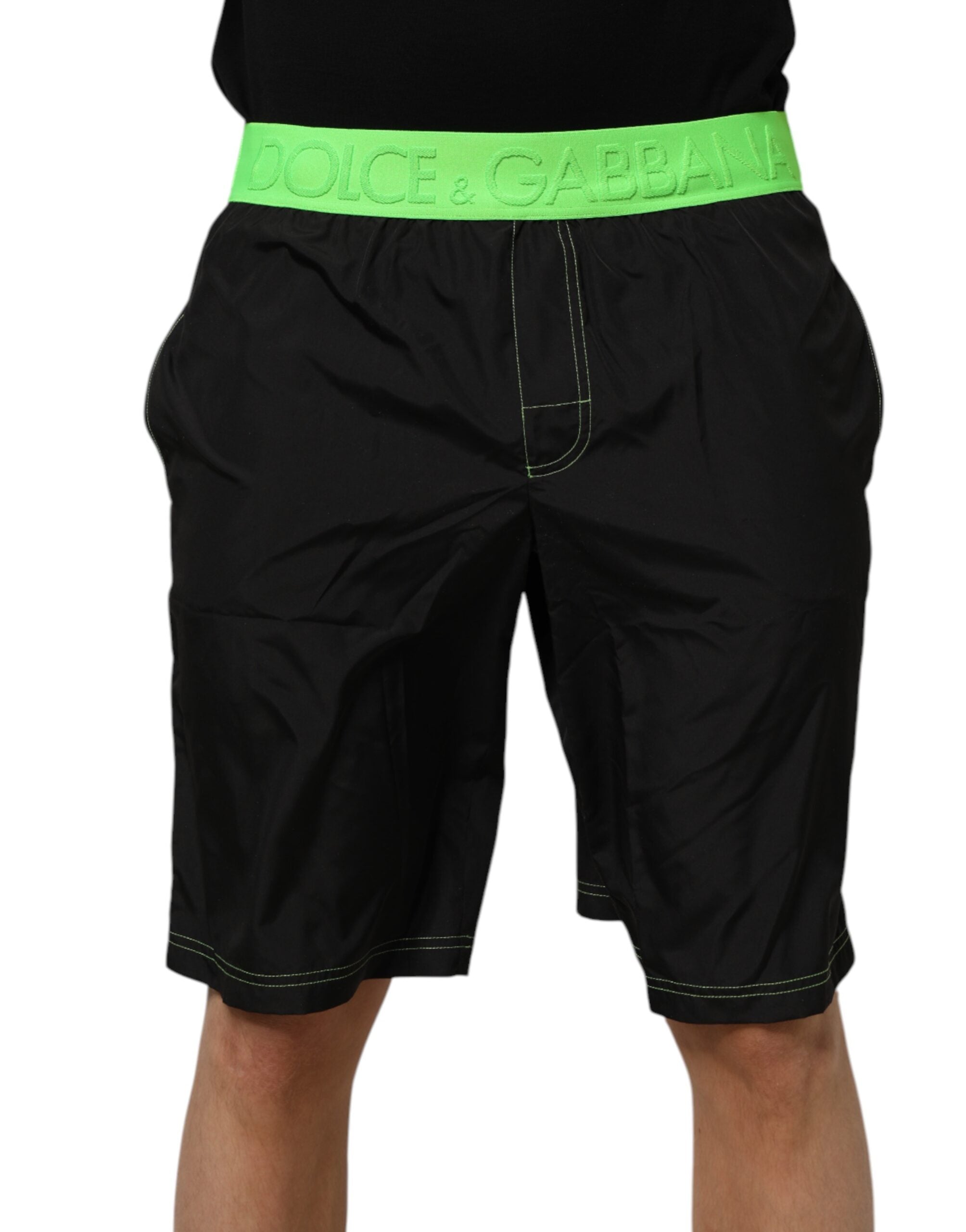 Dolce & Gabbana Black Green Logo Waistband Beachwear Short Men's Swimwear