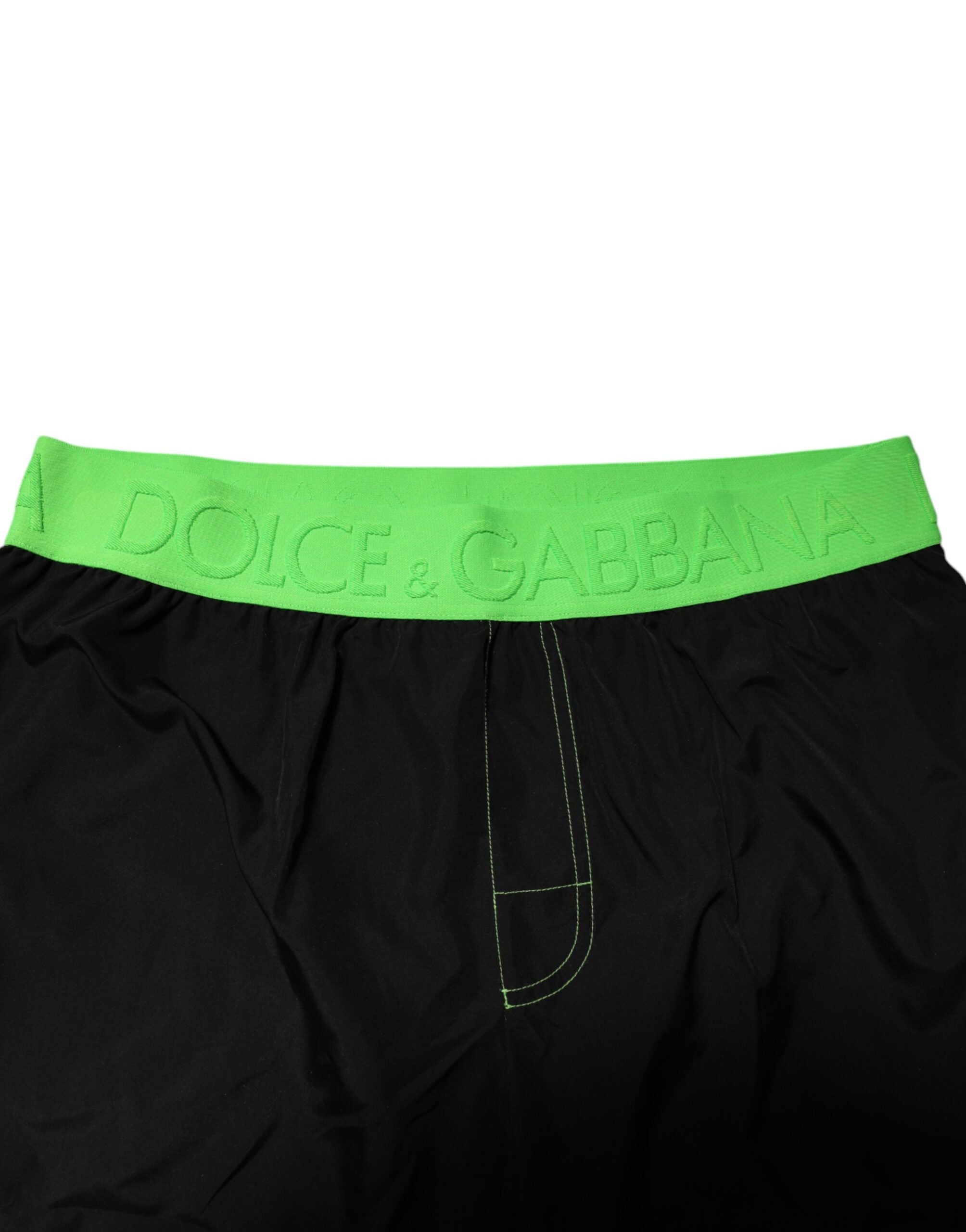 Dolce & Gabbana Black Green Logo Waistband Beachwear Short Men's Swimwear