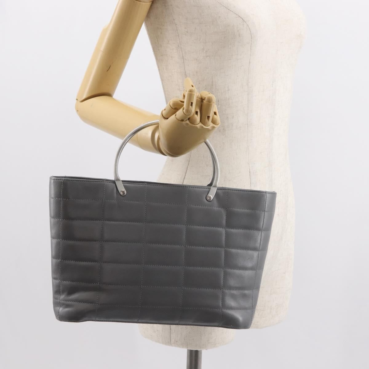 Chanel Vintage Chocolate Bar Metal Ring Tote Quilted Lambskin Gray Leather Tote Bag Bag (Pre-Owned)