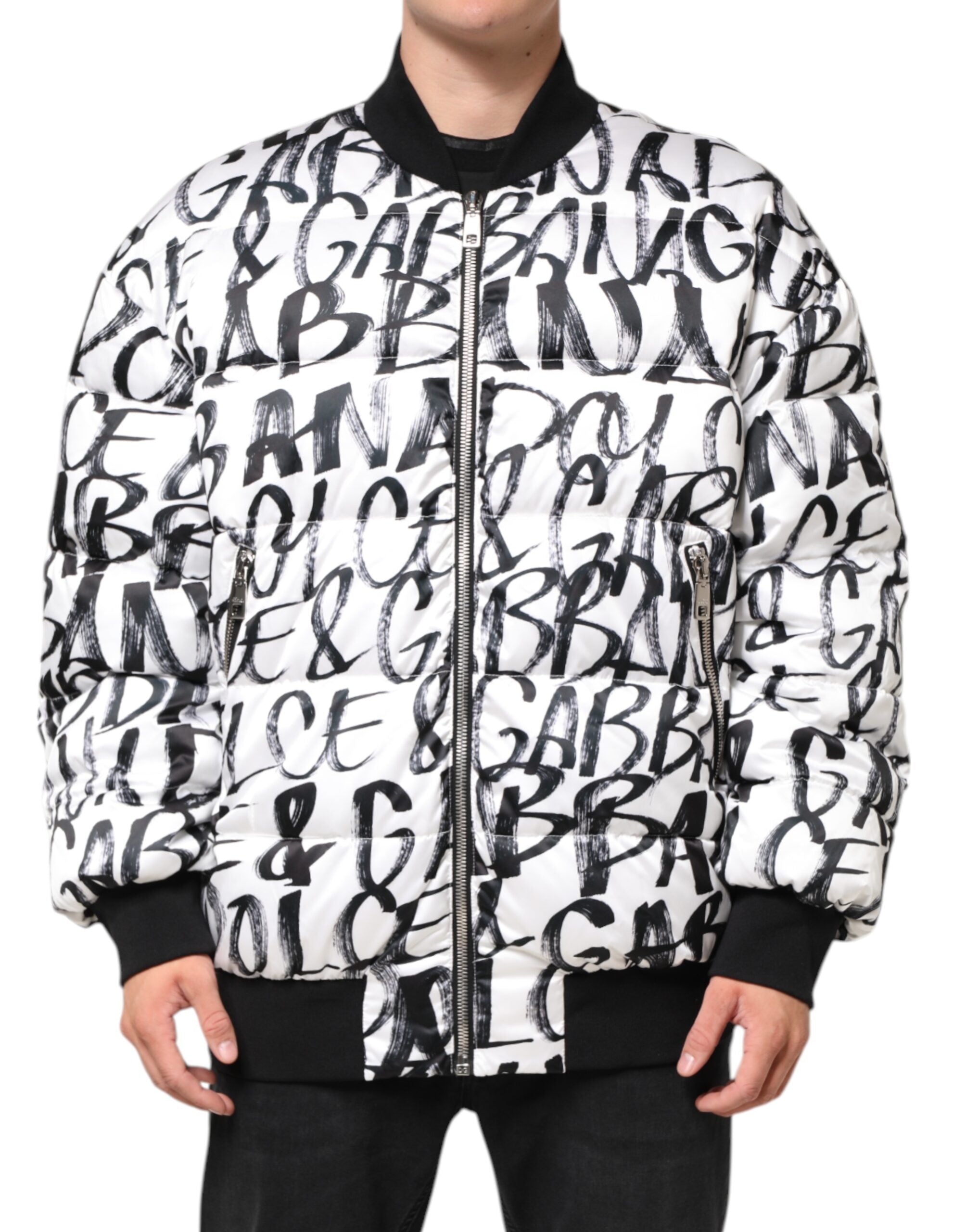 Dolce & Gabbana White Black Graffiti Logo Puffer Bomber Men's Jacket