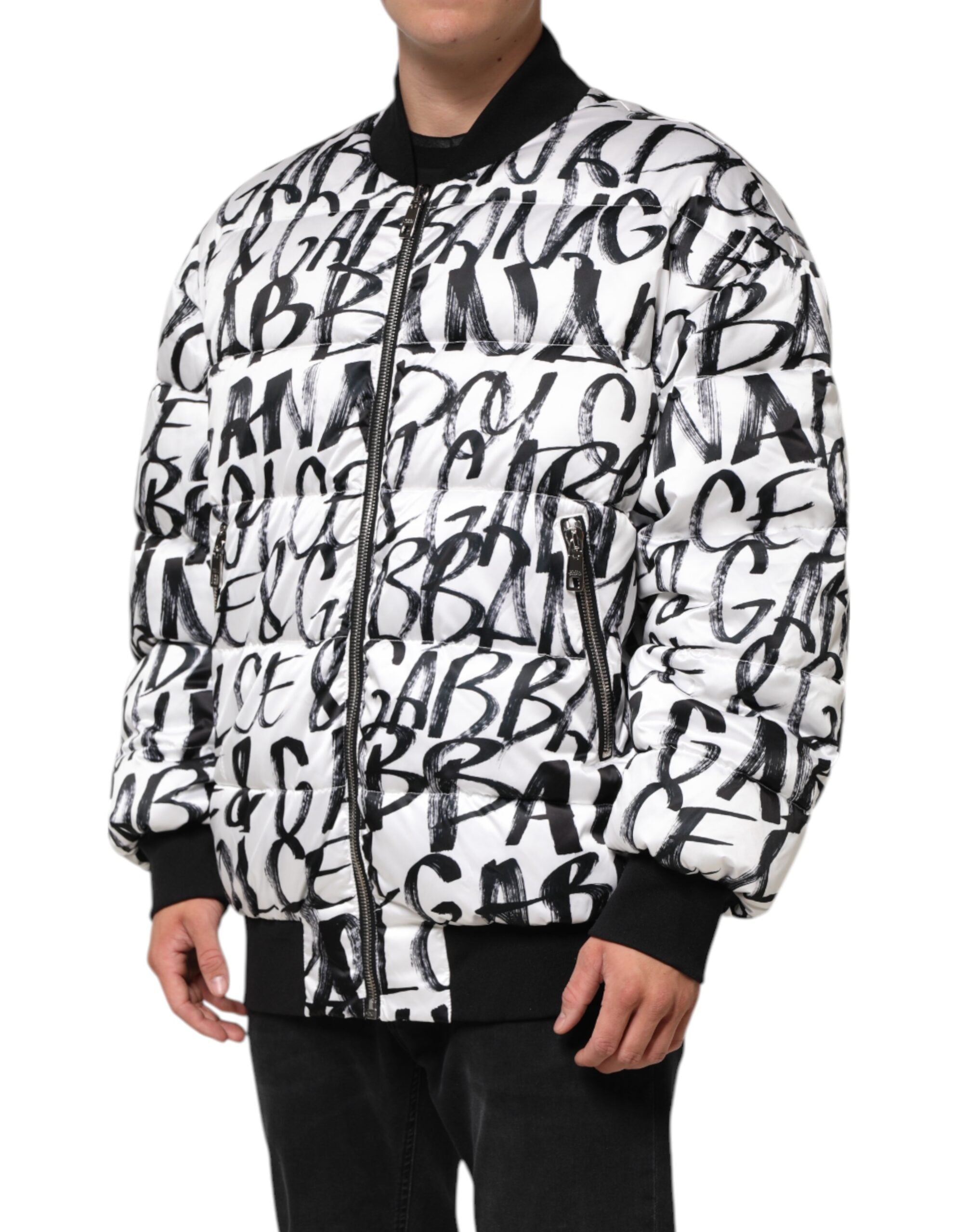 Dolce & Gabbana White Black Graffiti Logo Puffer Bomber Men's Jacket