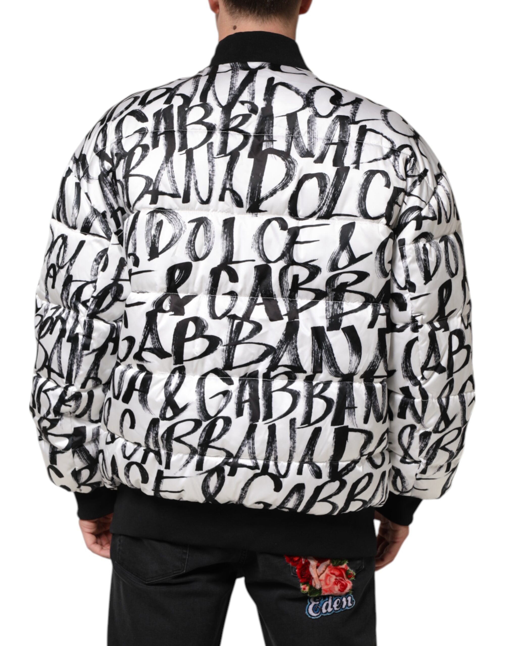 Dolce & Gabbana White Black Graffiti Logo Puffer Bomber Men's Jacket