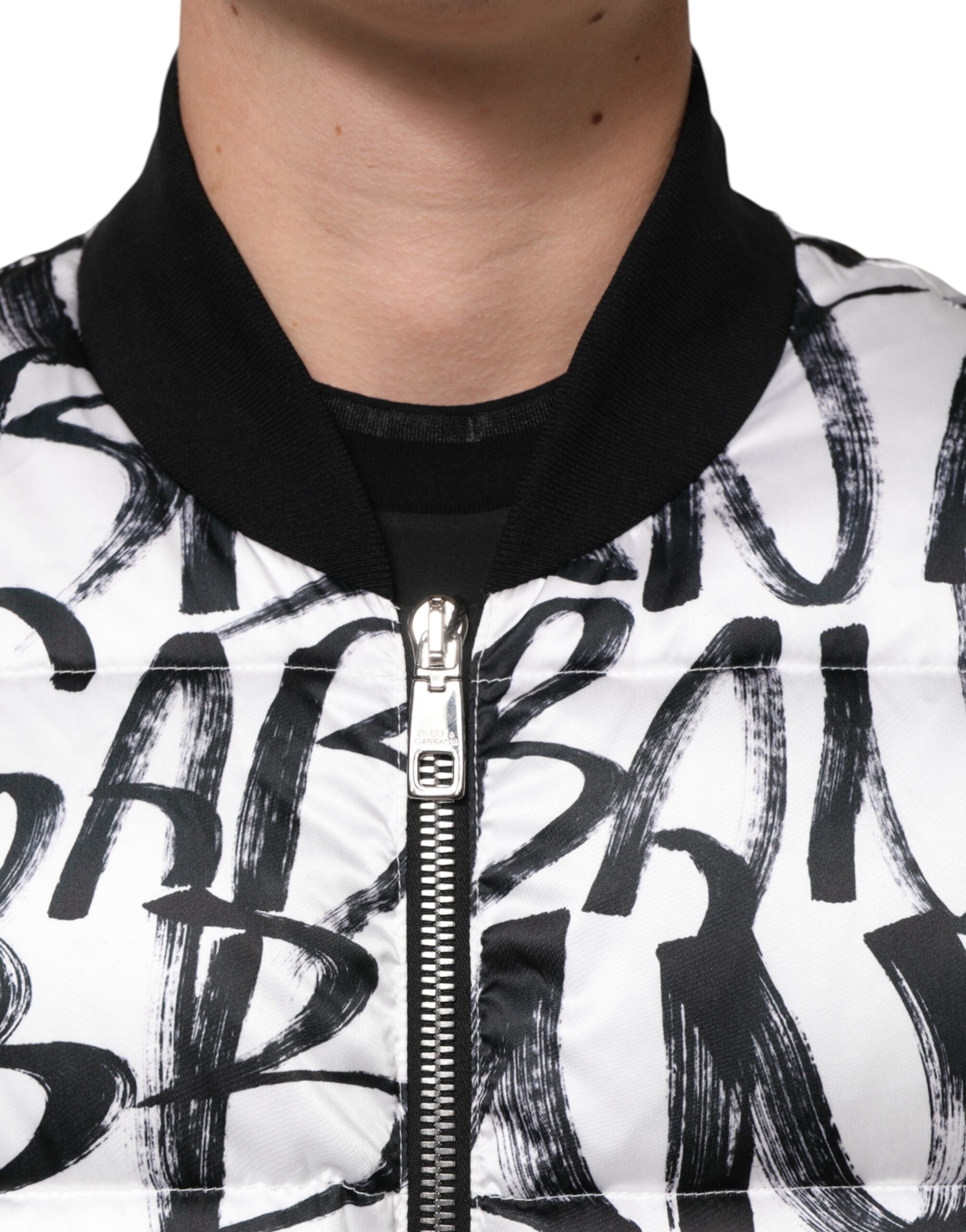 Dolce & Gabbana White Black Graffiti Logo Puffer Bomber Men's Jacket