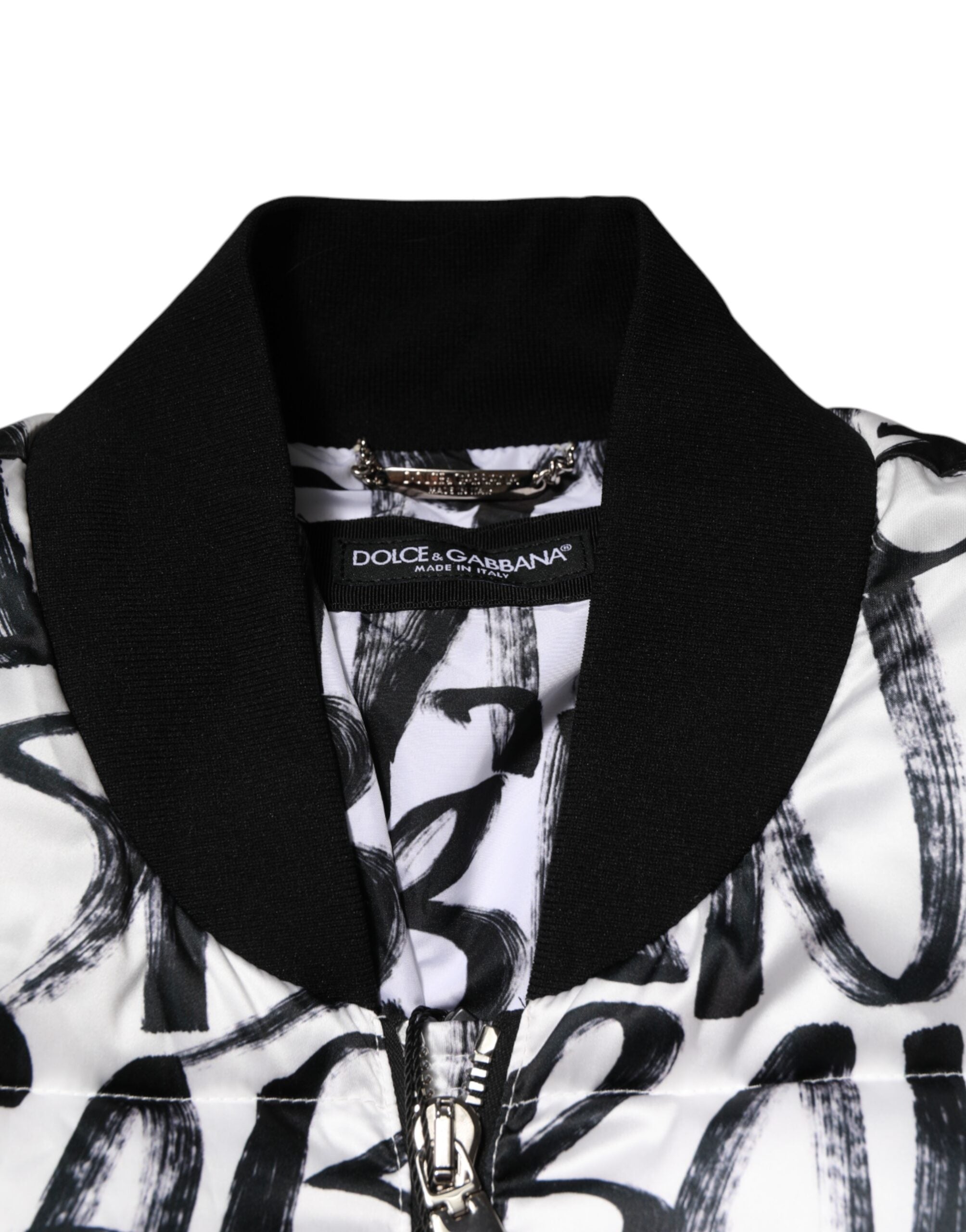 Dolce & Gabbana White Black Graffiti Logo Puffer Bomber Men's Jacket