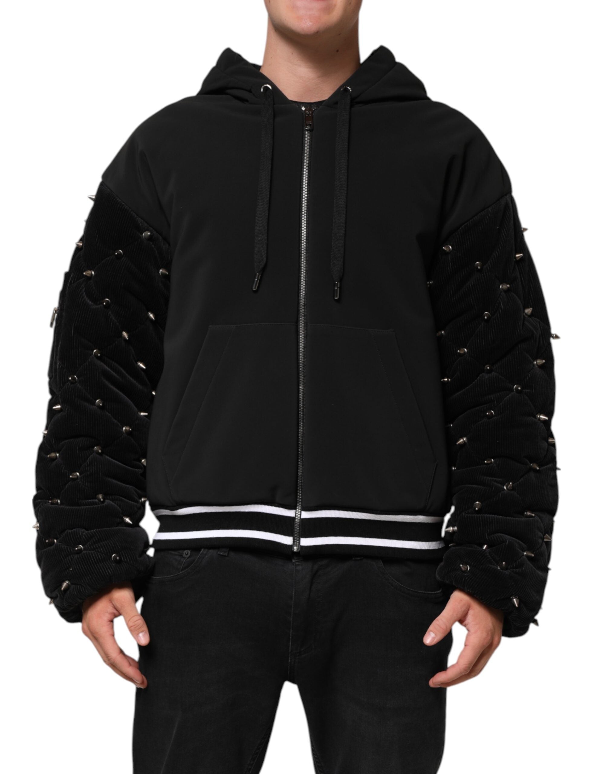 Dolce & Gabbana Black Cotton Quilted Studded Sleeve Hoodie Men's Jacket (Pre-Owned)