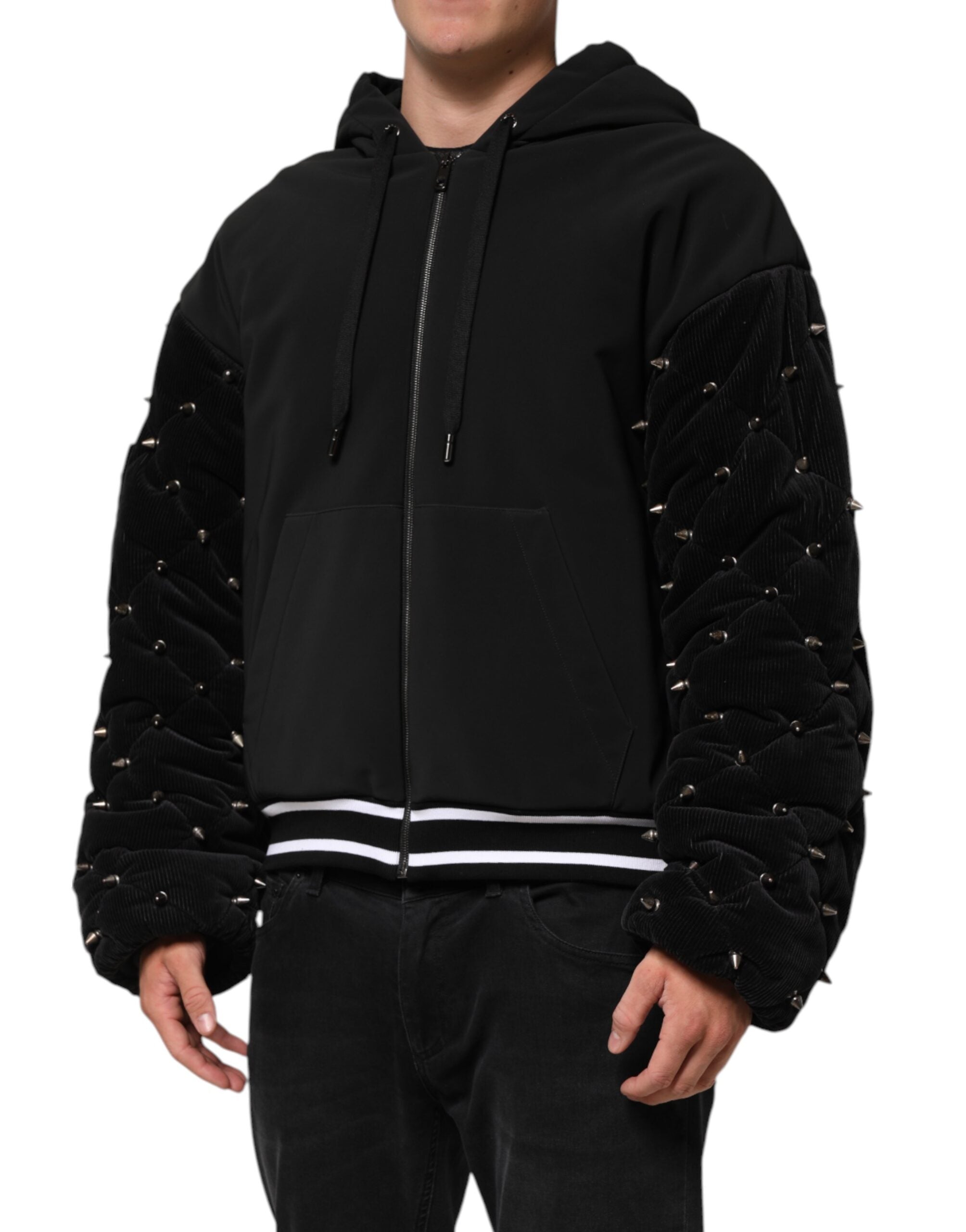 Dolce & Gabbana Black Cotton Quilted Studded Sleeve Hoodie Men's Jacket (Pre-Owned)