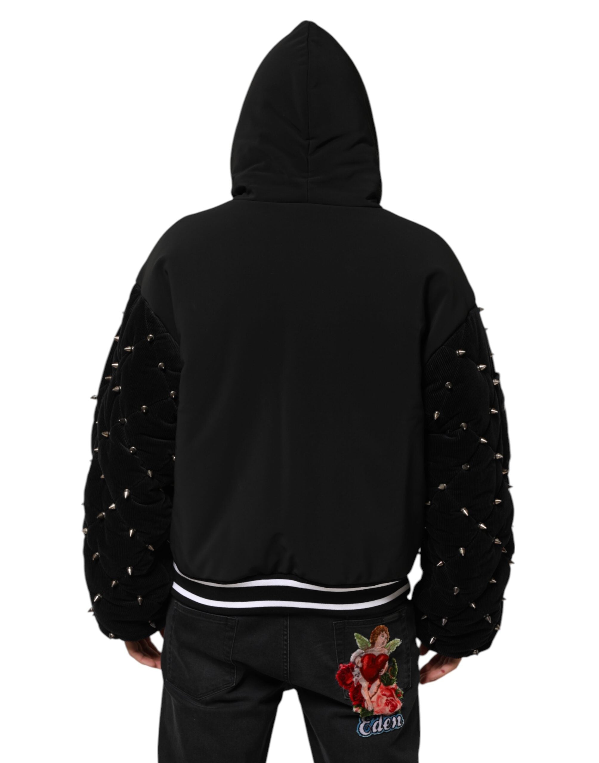 Dolce & Gabbana Black Cotton Quilted Studded Sleeve Hoodie Men's Jacket (Pre-Owned)
