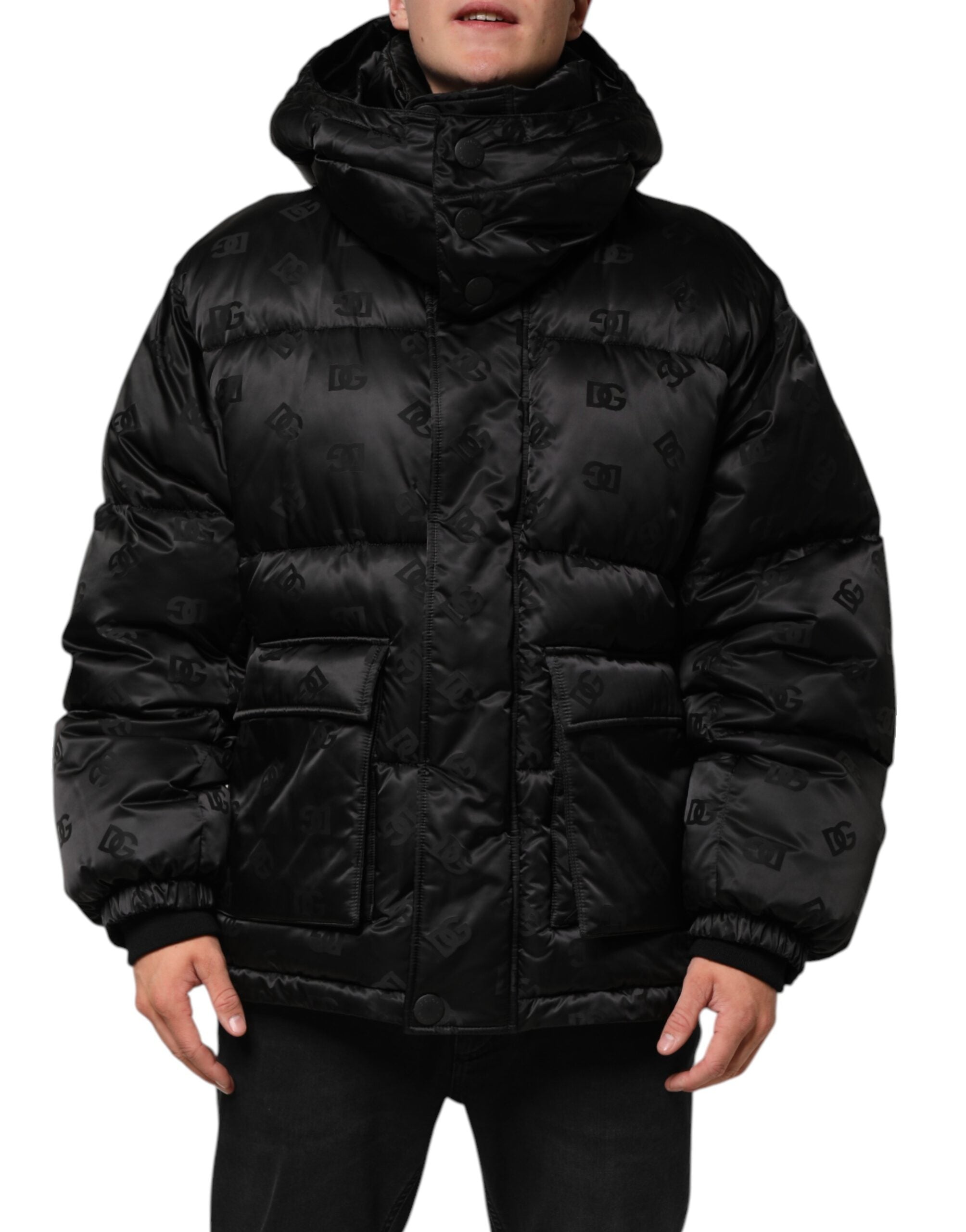 Dolce & Gabbana Black Monogram Logo Puffer Nylon Hooded Men's Jacket (Pre-Owned)