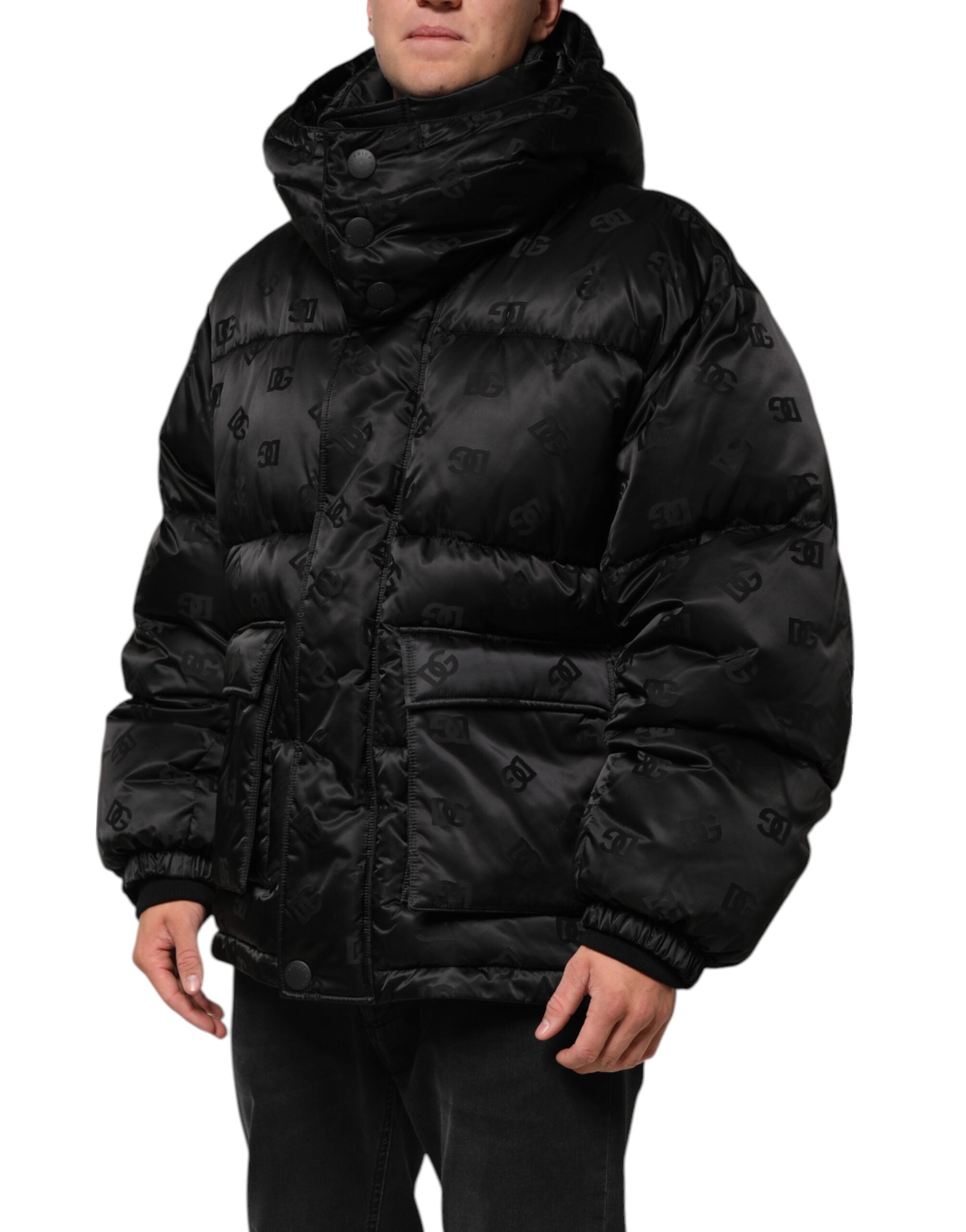 Dolce & Gabbana Black Monogram Logo Puffer Nylon Hooded Men's Jacket (Pre-Owned)
