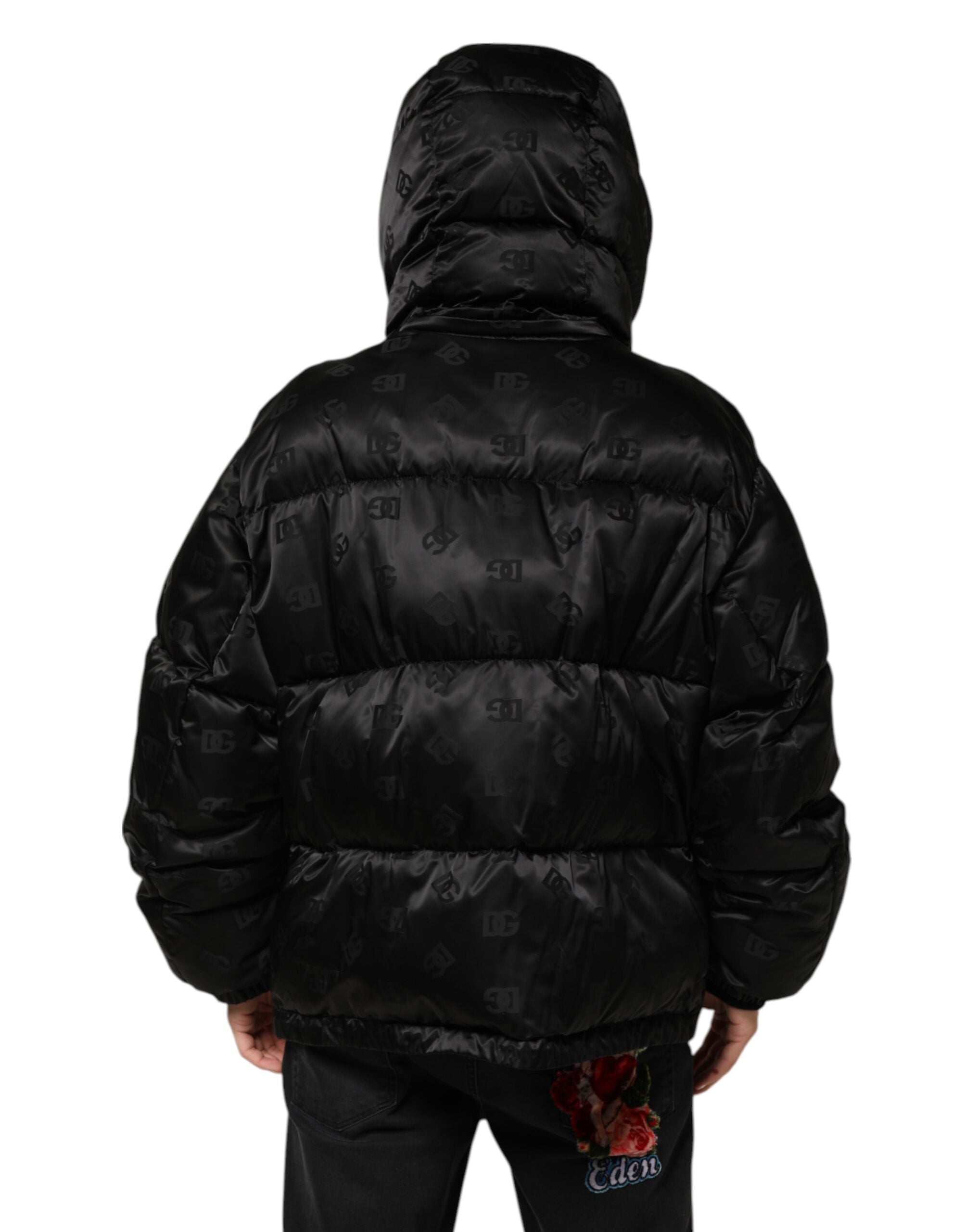 Dolce & Gabbana Black Monogram Logo Puffer Nylon Hooded Men's Jacket (Pre-Owned)