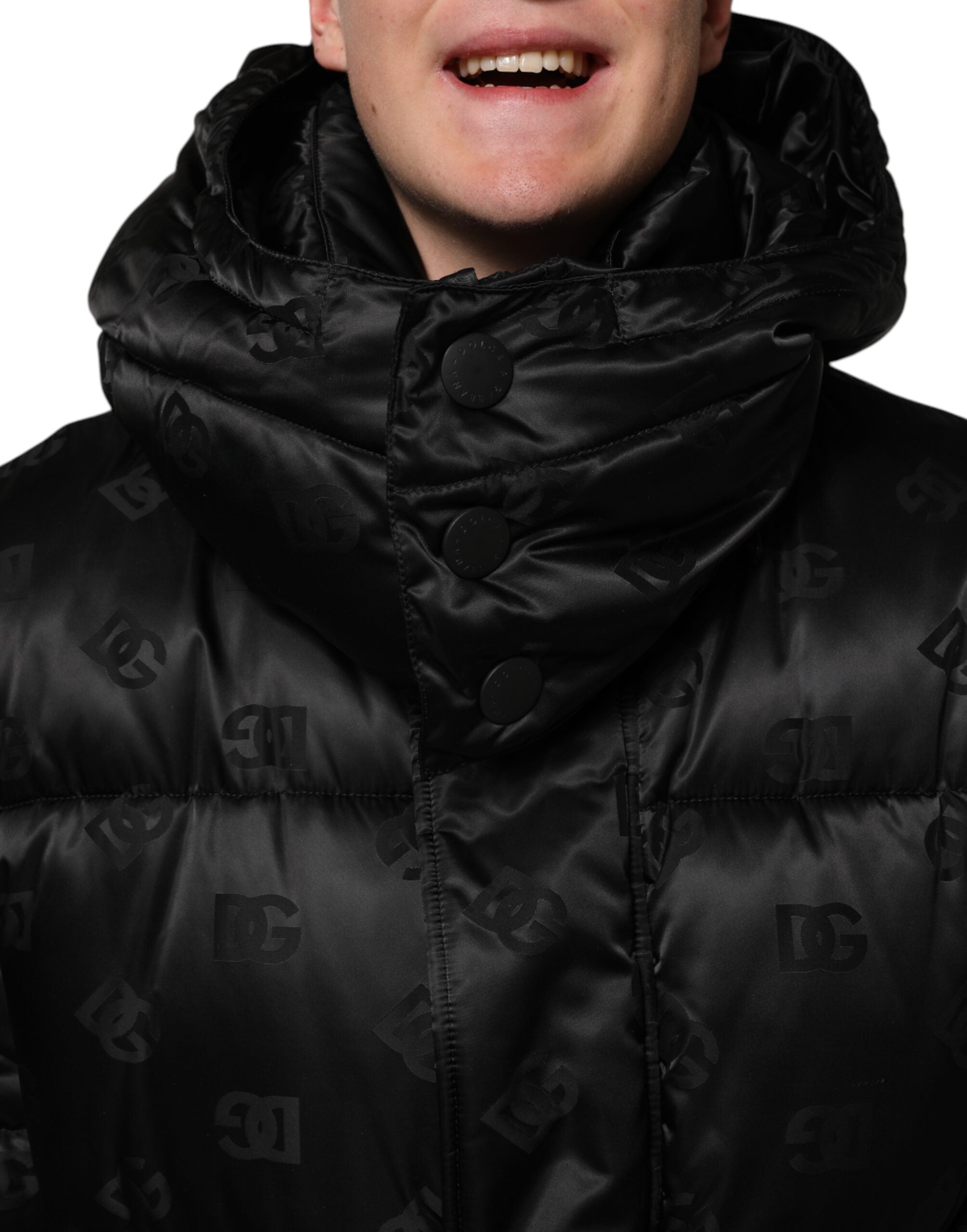 Dolce & Gabbana Black Monogram Logo Puffer Nylon Hooded Men's Jacket (Pre-Owned)