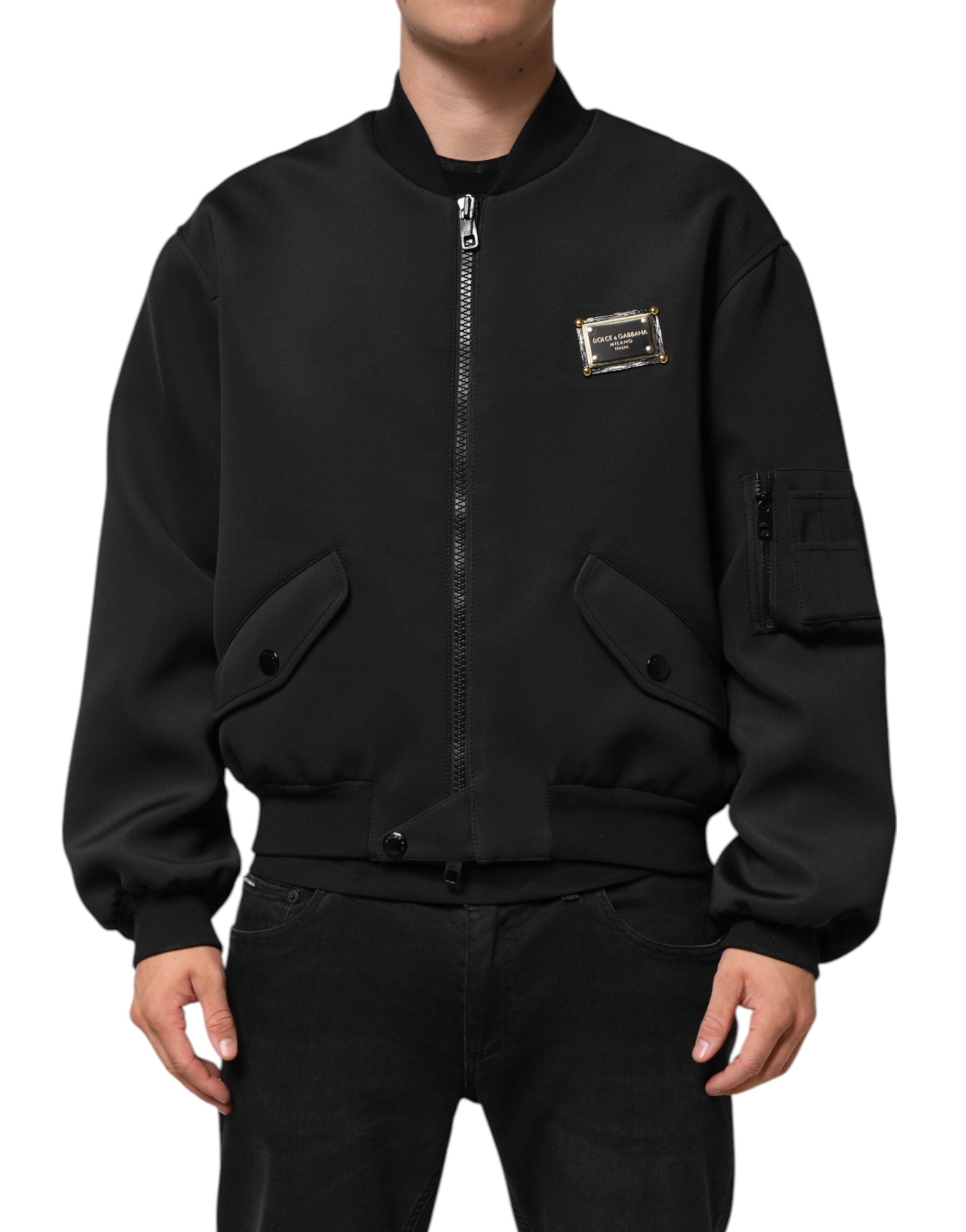 Dolce & Gabbana Black Polyester Logo Plaque Bomber Men's Jacket (Pre-Owned)