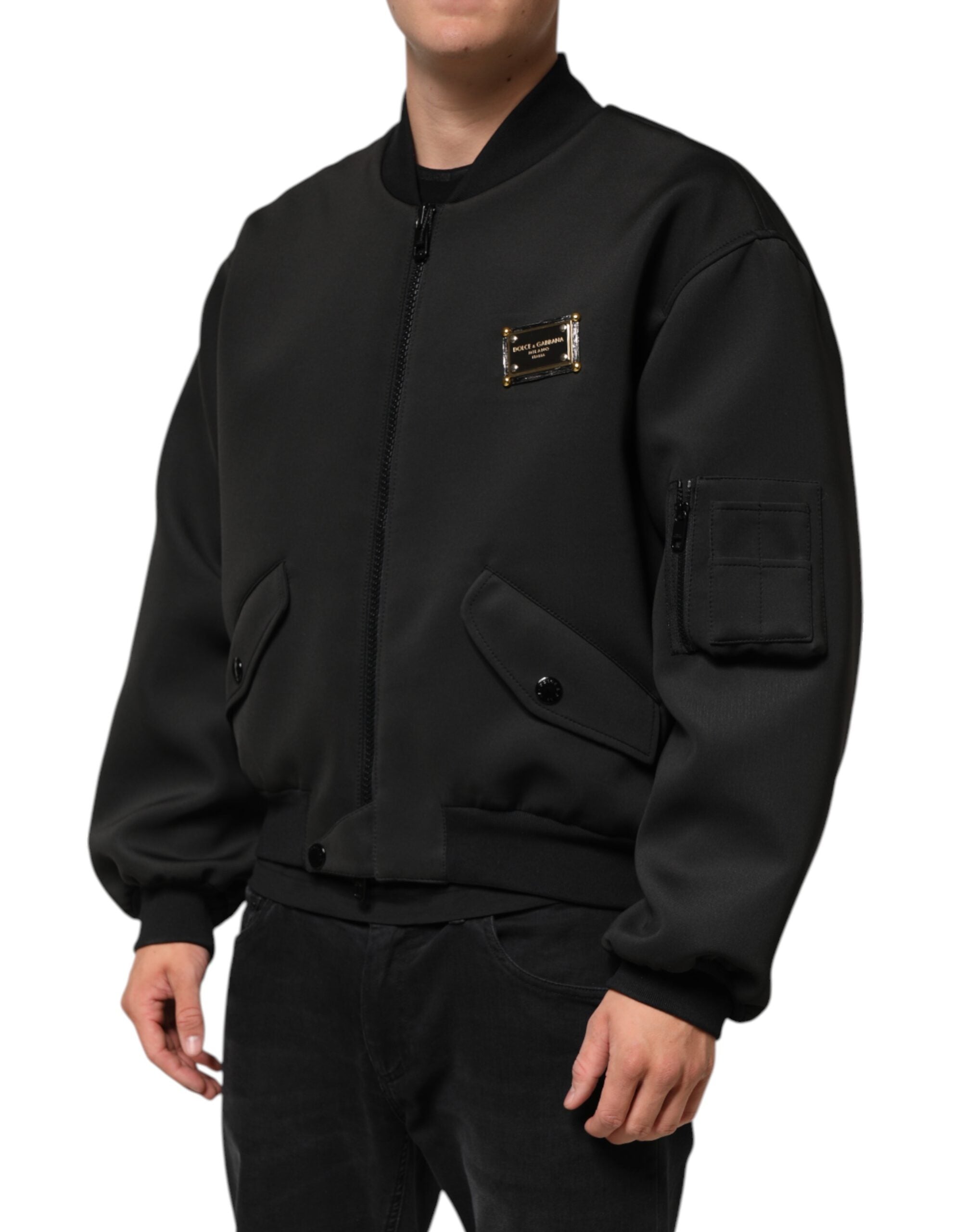 Dolce & Gabbana Black Polyester Logo Plaque Bomber Men's Jacket (Pre-Owned)