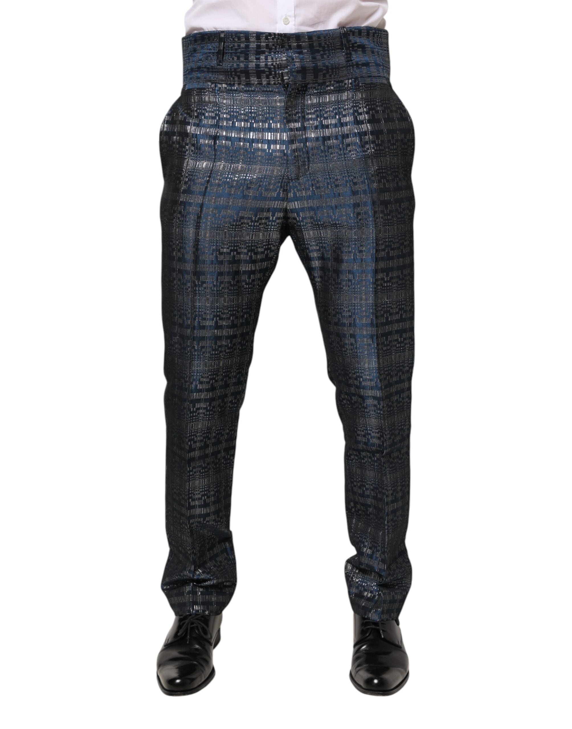 Dolce & Gabbana Blue Silver Shiny Silk Skinny Men Trouser Men's Pants