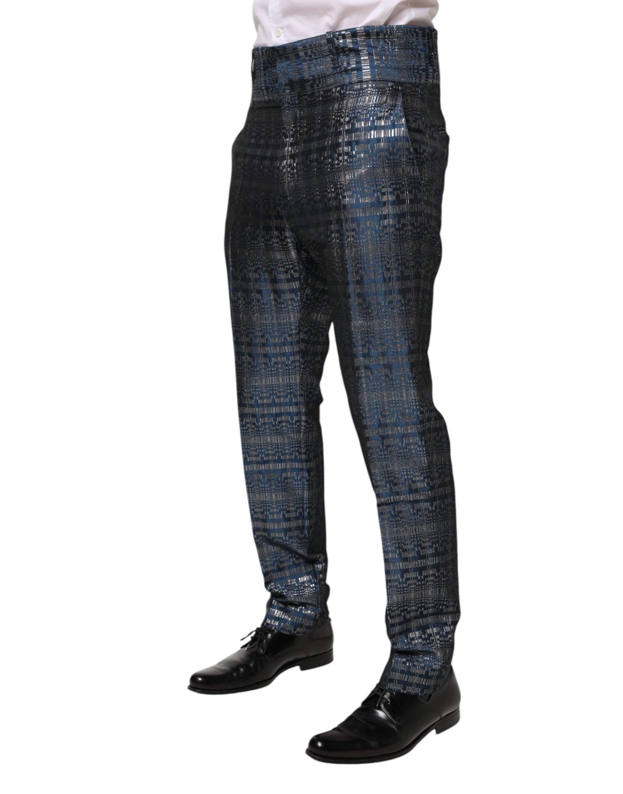 Dolce & Gabbana Blue Silver Shiny Silk Skinny Men Trouser Men's Pants