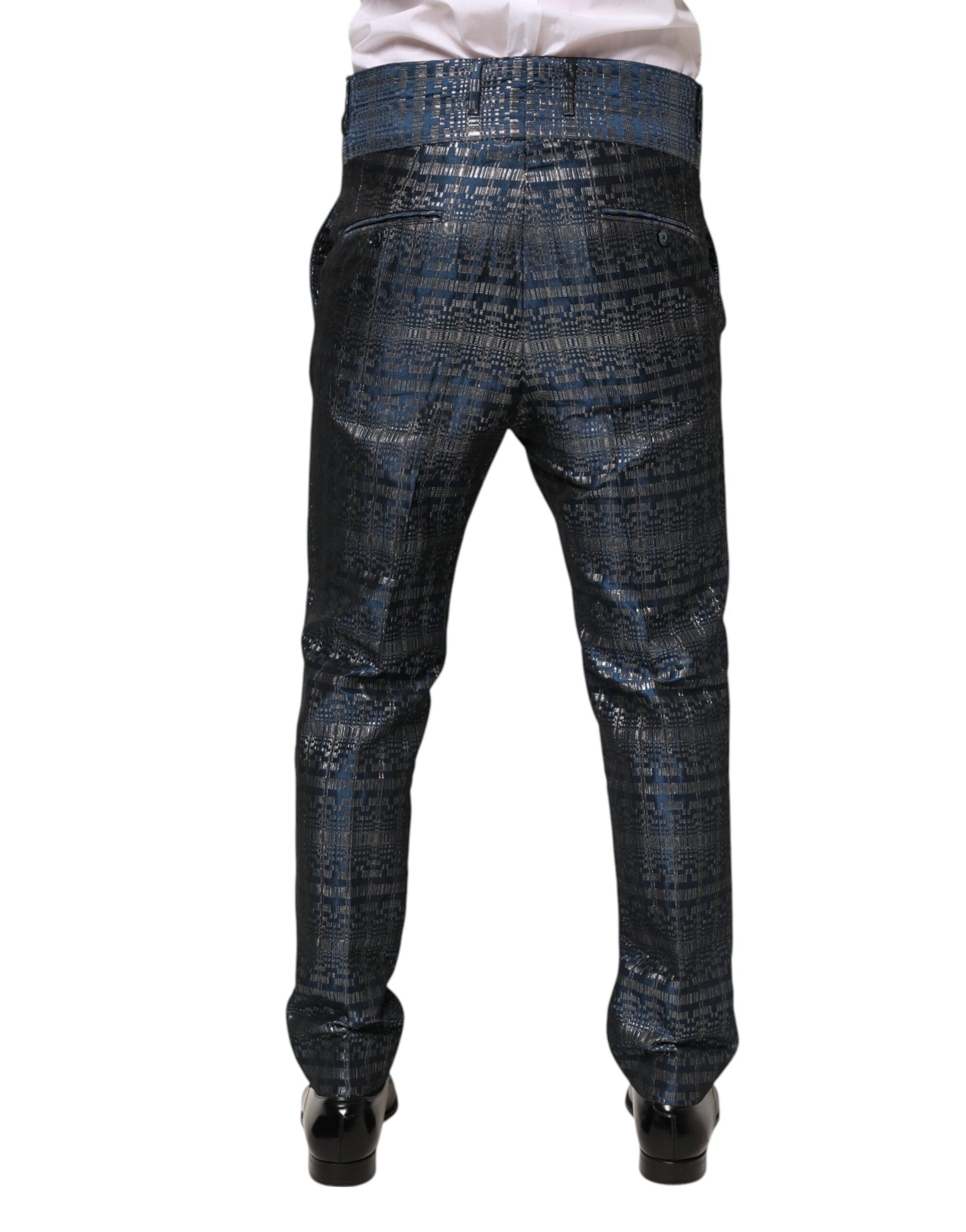 Dolce & Gabbana Blue Silver Shiny Silk Skinny Men Trouser Men's Pants