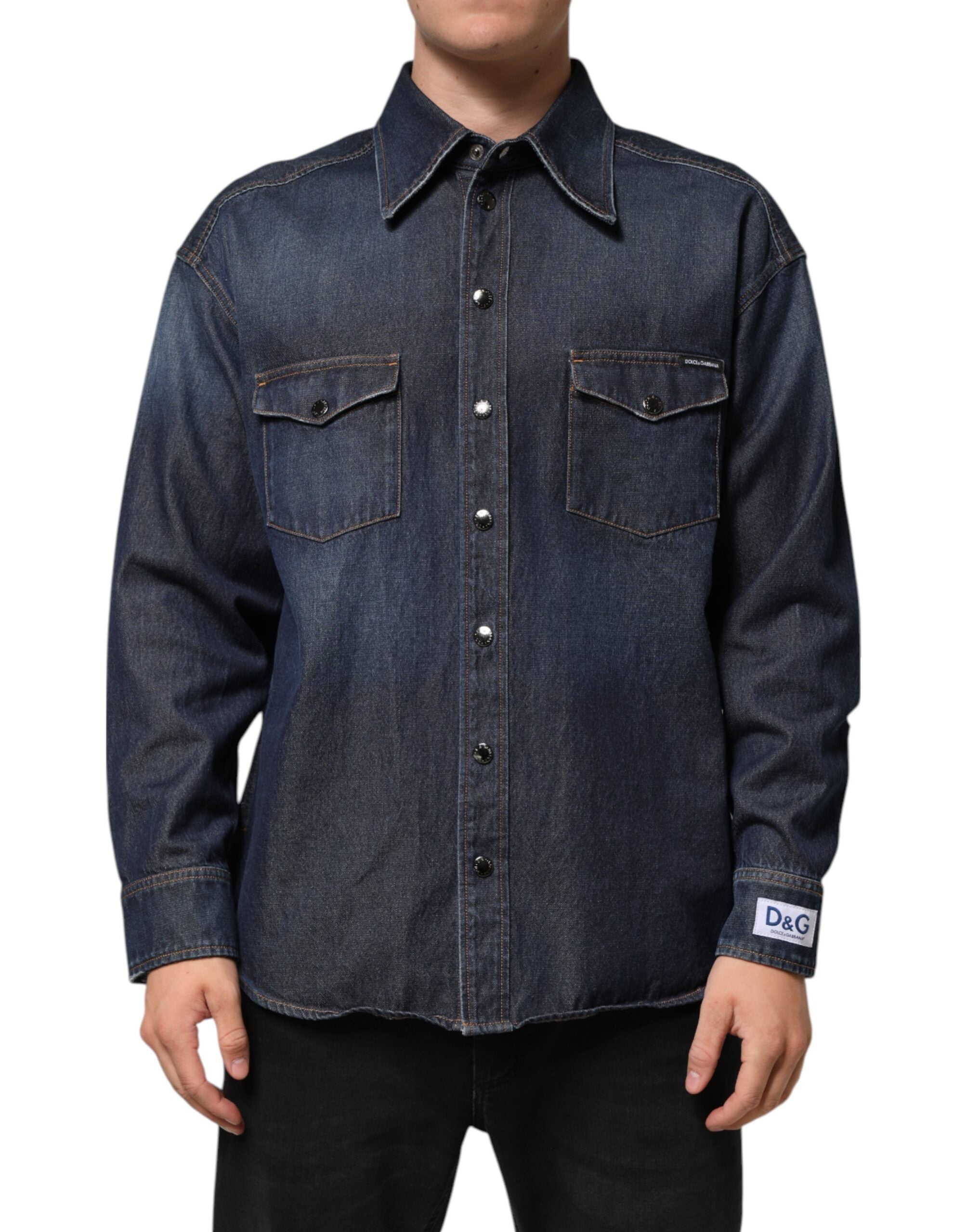 Dolce & Gabbana Blue Denim Button Casual Logo Patch Men Men's Shirt