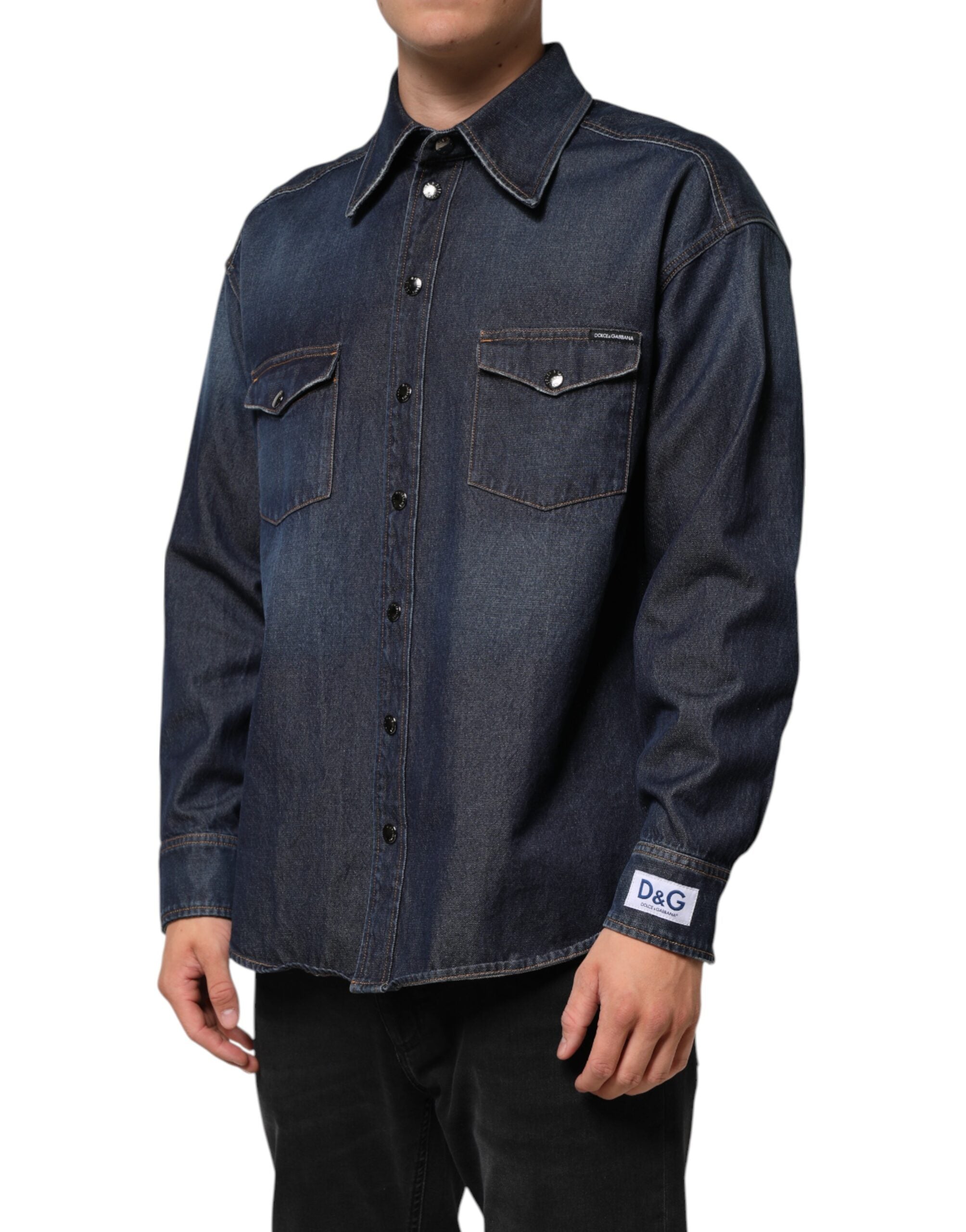Dolce & Gabbana Blue Denim Button Casual Logo Patch Men Men's Shirt