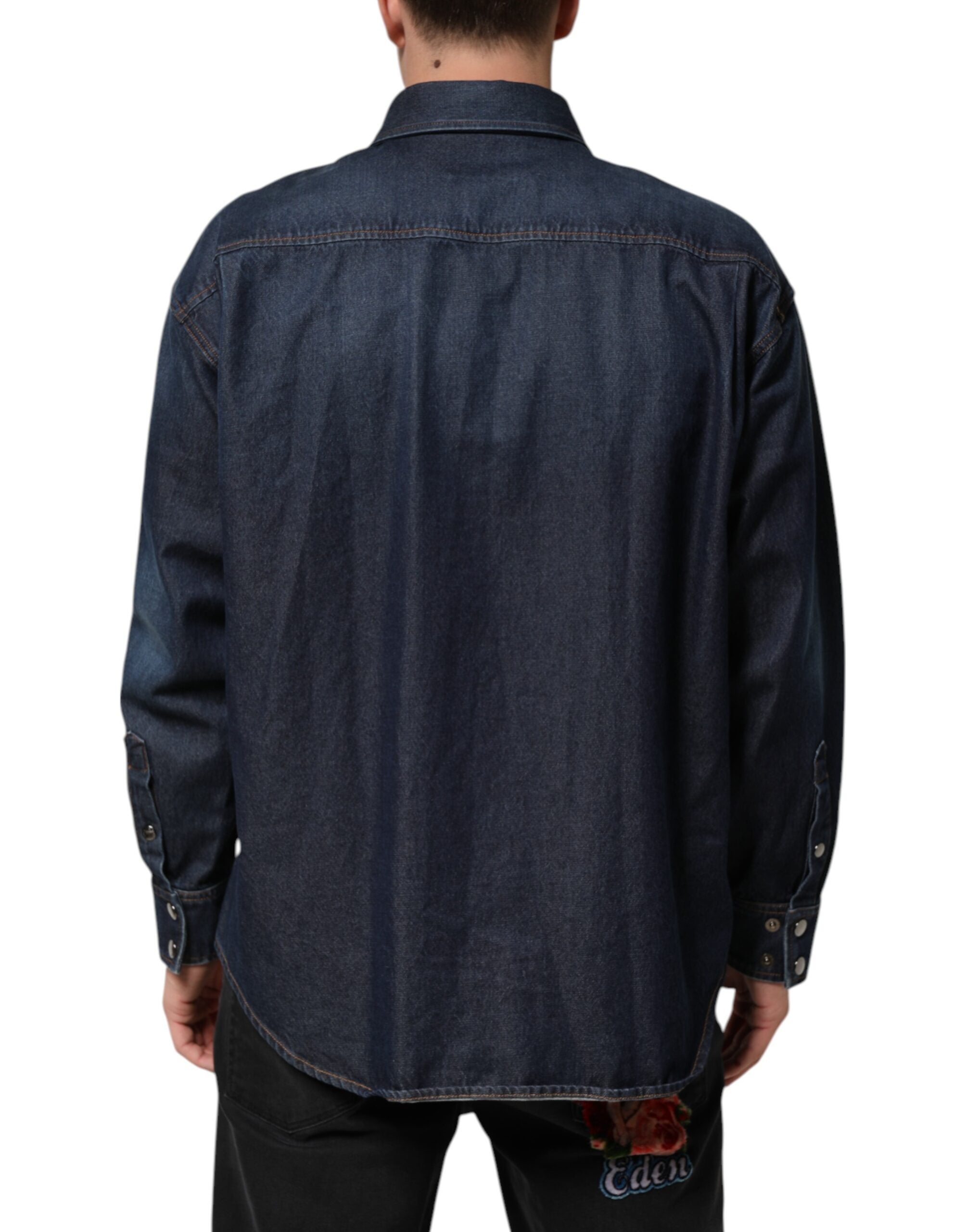 Dolce & Gabbana Blue Denim Button Casual Logo Patch Men Men's Shirt