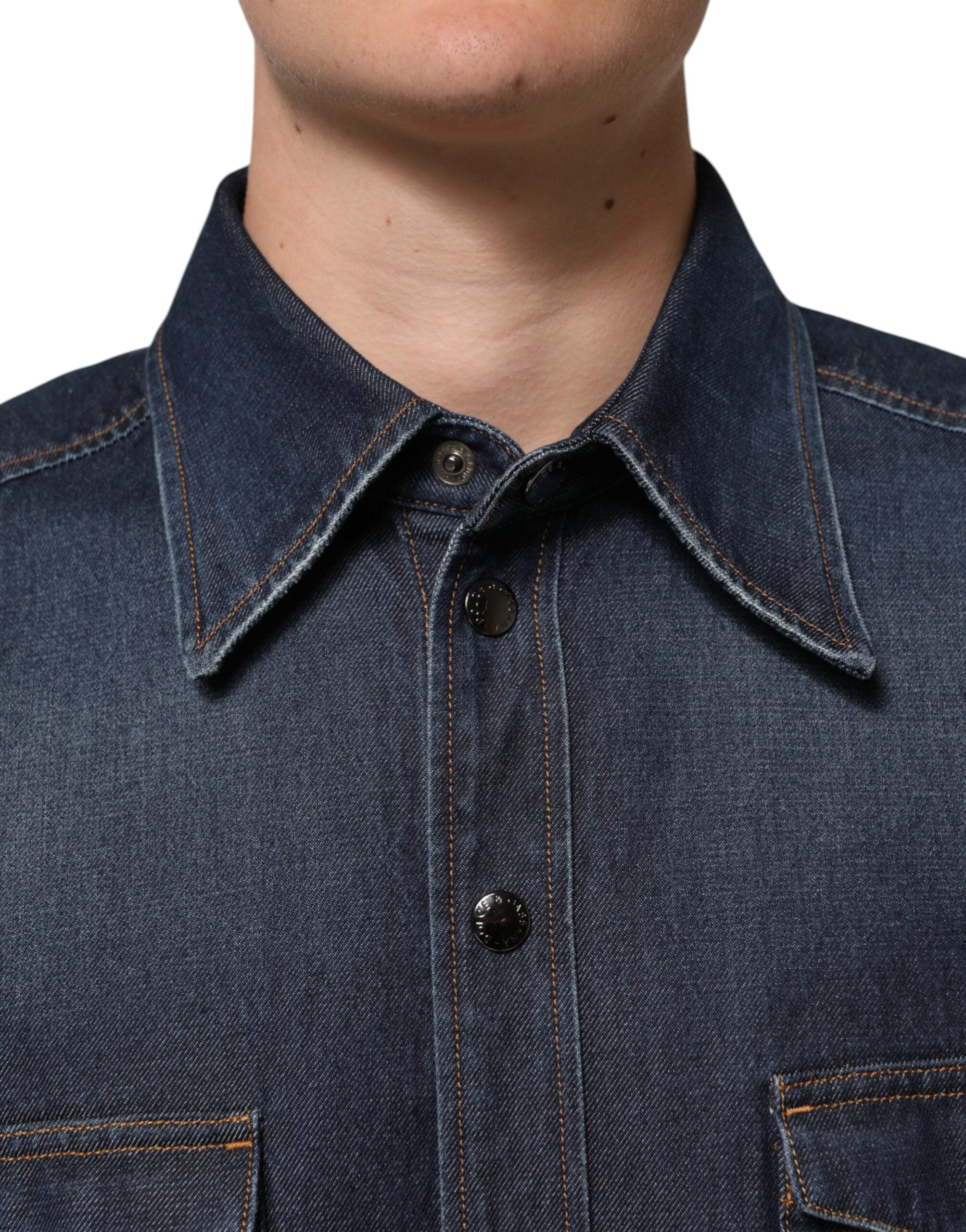Dolce & Gabbana Blue Denim Button Casual Logo Patch Men Men's Shirt