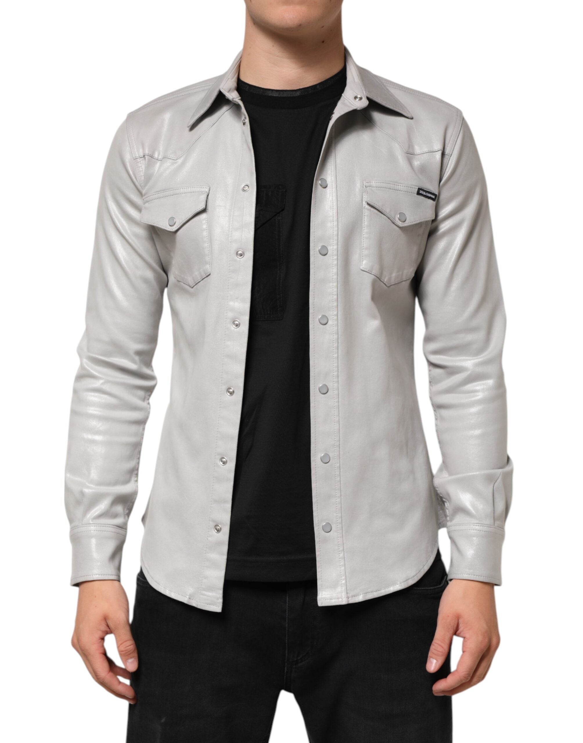 Dolce & Gabbana Metallic Gray Cotton Button Down Men Men's Shirt (Pre-Owned)