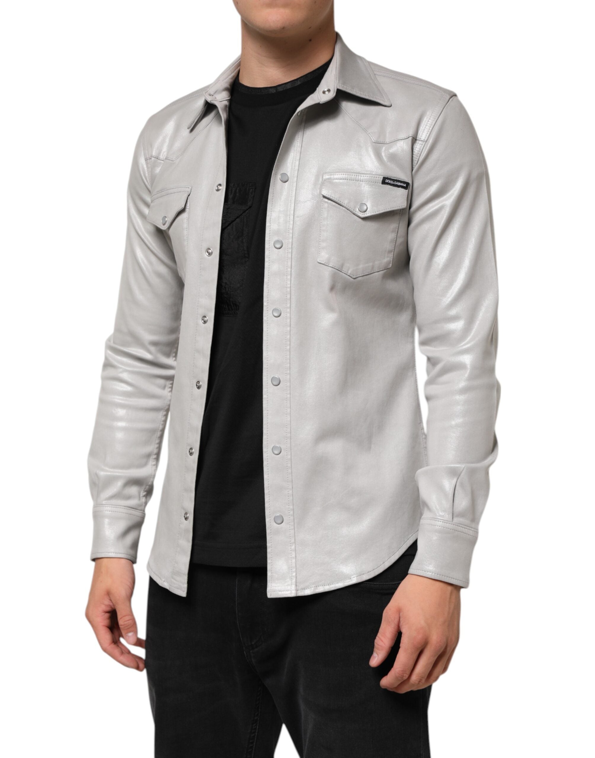 Dolce & Gabbana Metallic Gray Cotton Button Down Men Men's Shirt (Pre-Owned)