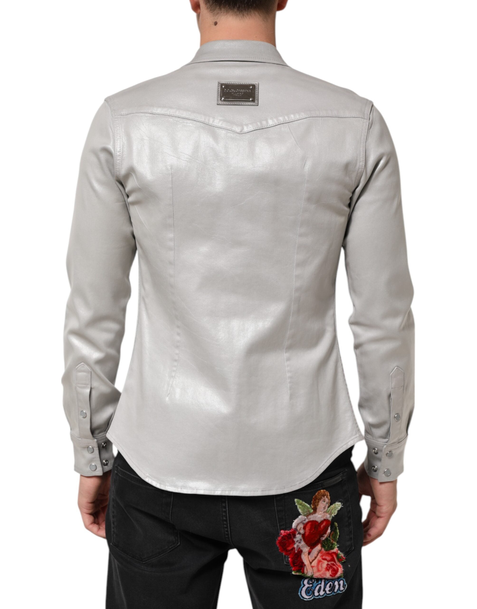 Dolce & Gabbana Metallic Gray Cotton Button Down Men Men's Shirt (Pre-Owned)