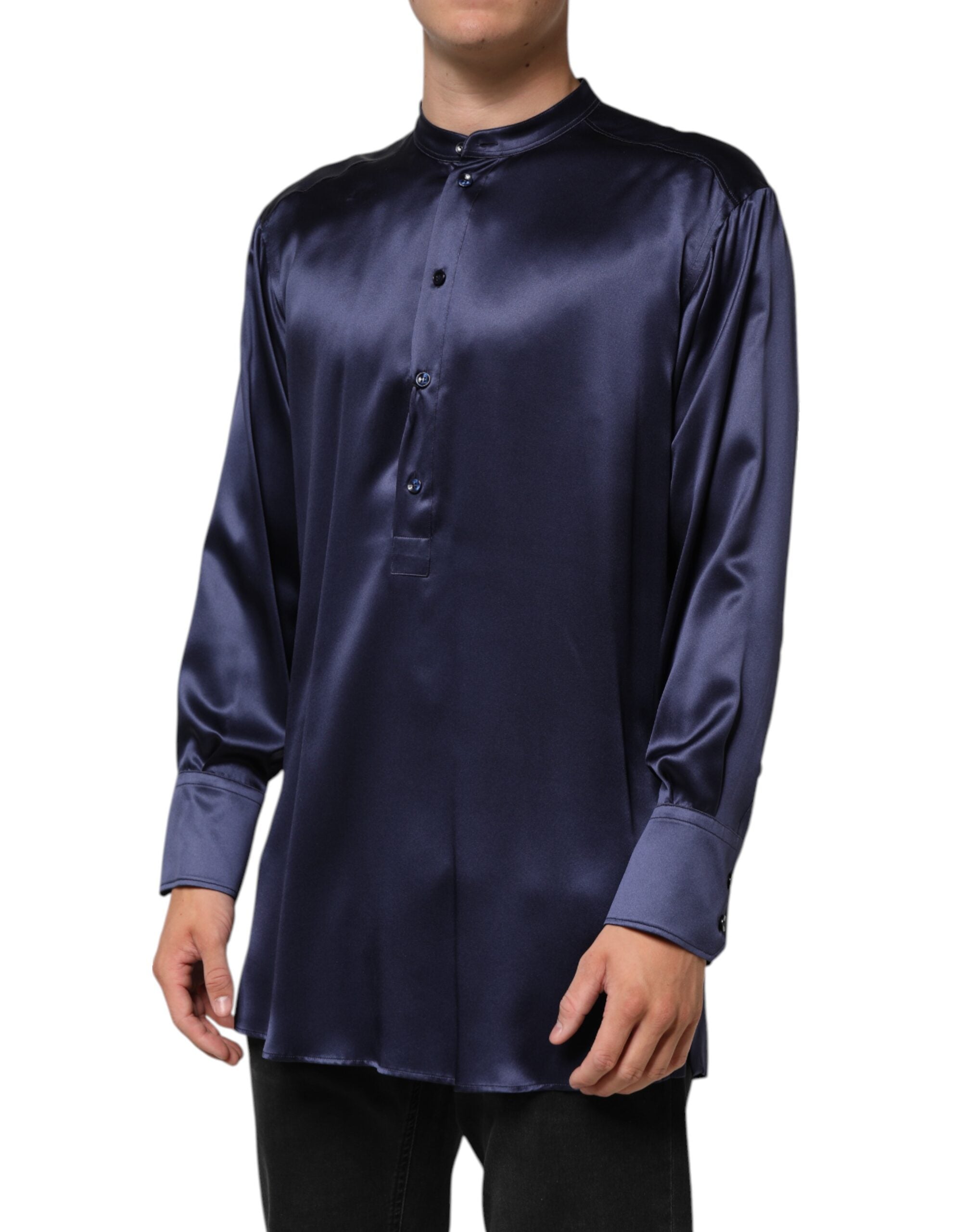 Dolce & Gabbana Navy Silk Long Sleeve Mandarin Collar Men's Shirt (Pre-Owned)