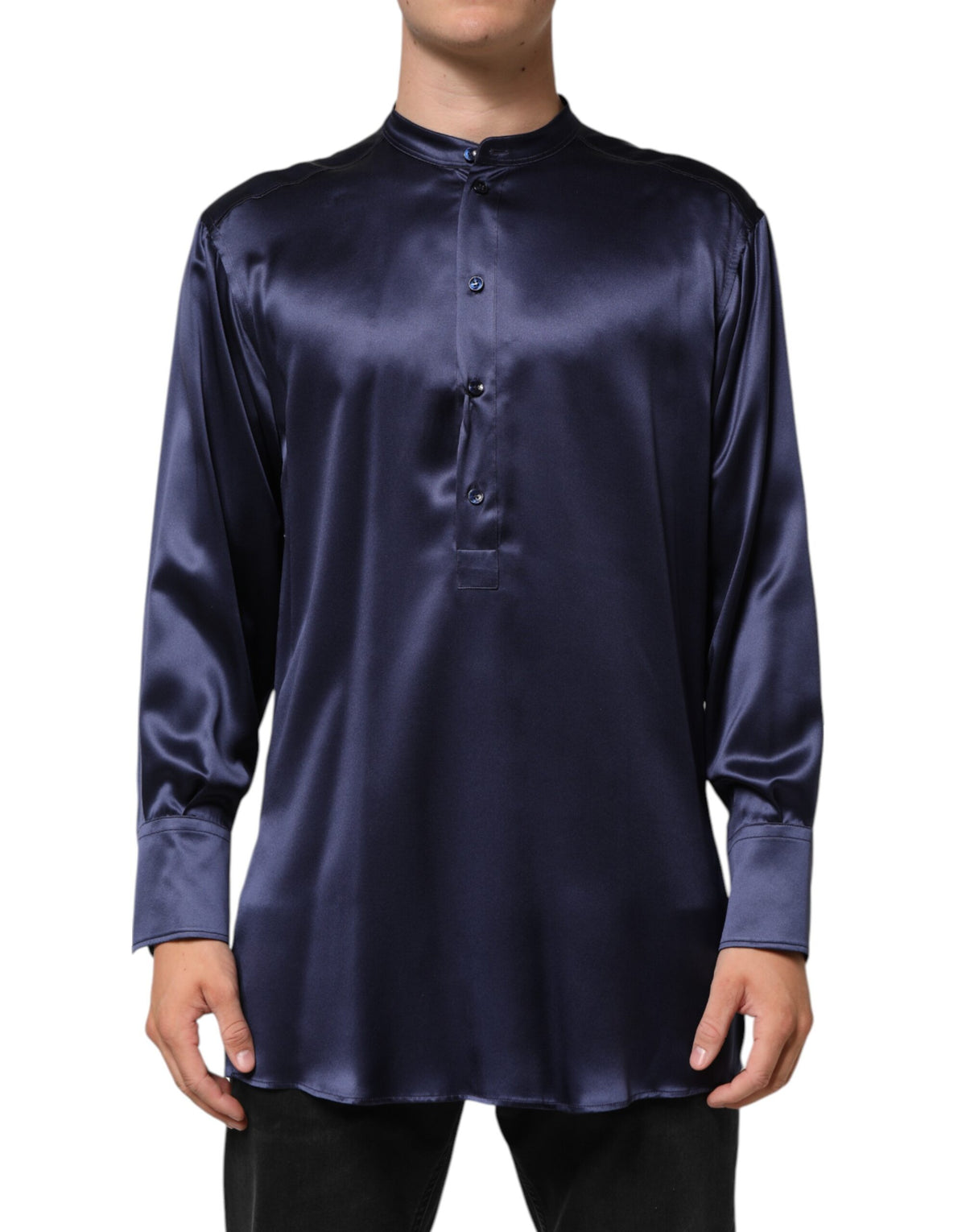Dolce & Gabbana Navy Silk Long Sleeve Mandarin Collar Men's Shirt (Pre-Owned)