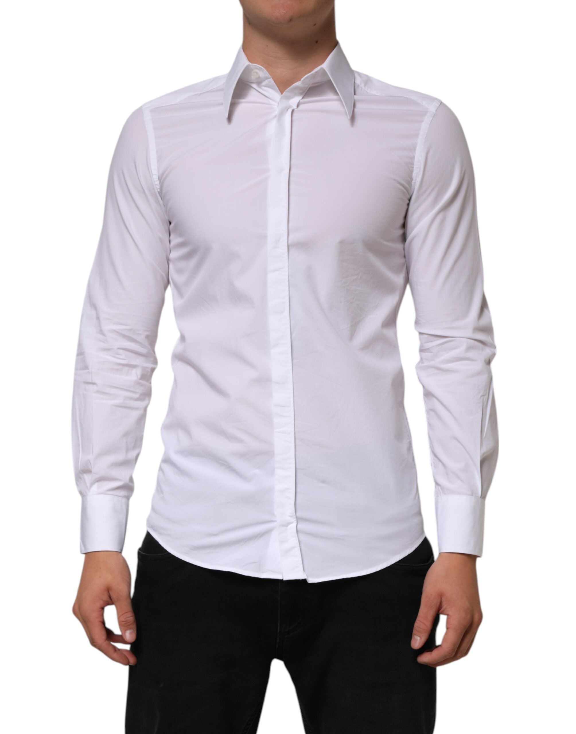 Dolce & Gabbana White Cotton MARTINI Long Sleeve Dress Men's Shirt