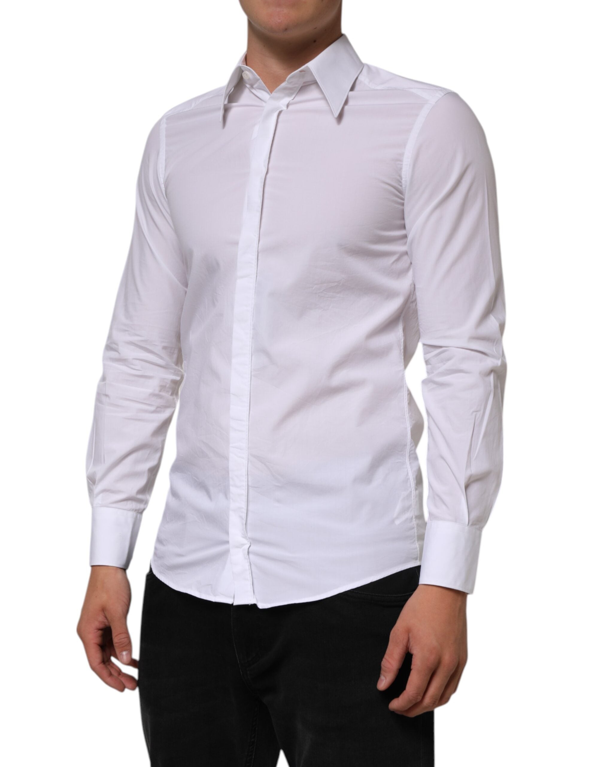 Dolce & Gabbana White Cotton MARTINI Long Sleeve Dress Men's Shirt